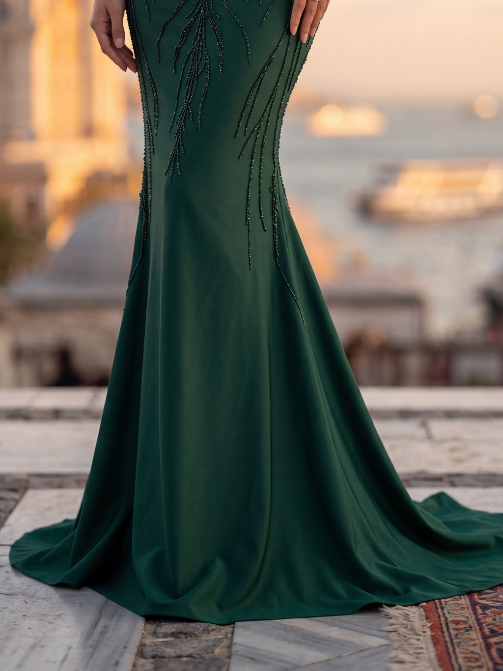 Emerald Green Embellished Mermaid Evening Gown