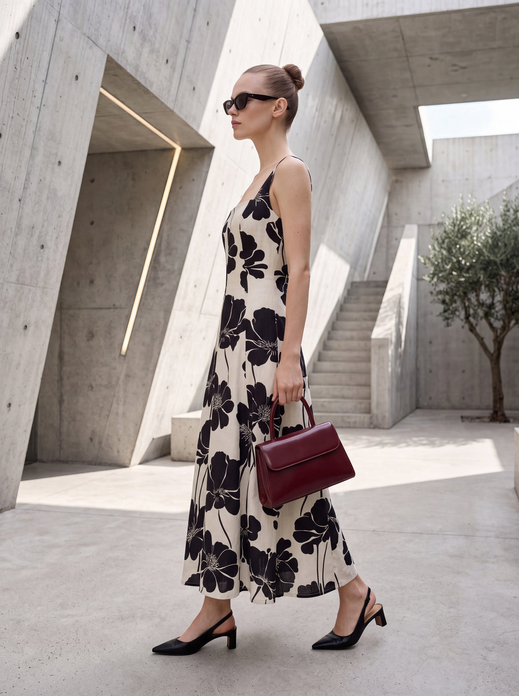 Women's Floral A-Line Midi Dress – Ivory & Black