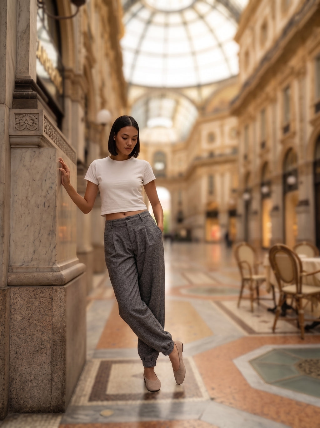Women's Grey Textured Jogger Trousers – Premium European High-Waisted Relaxed Fit Pants