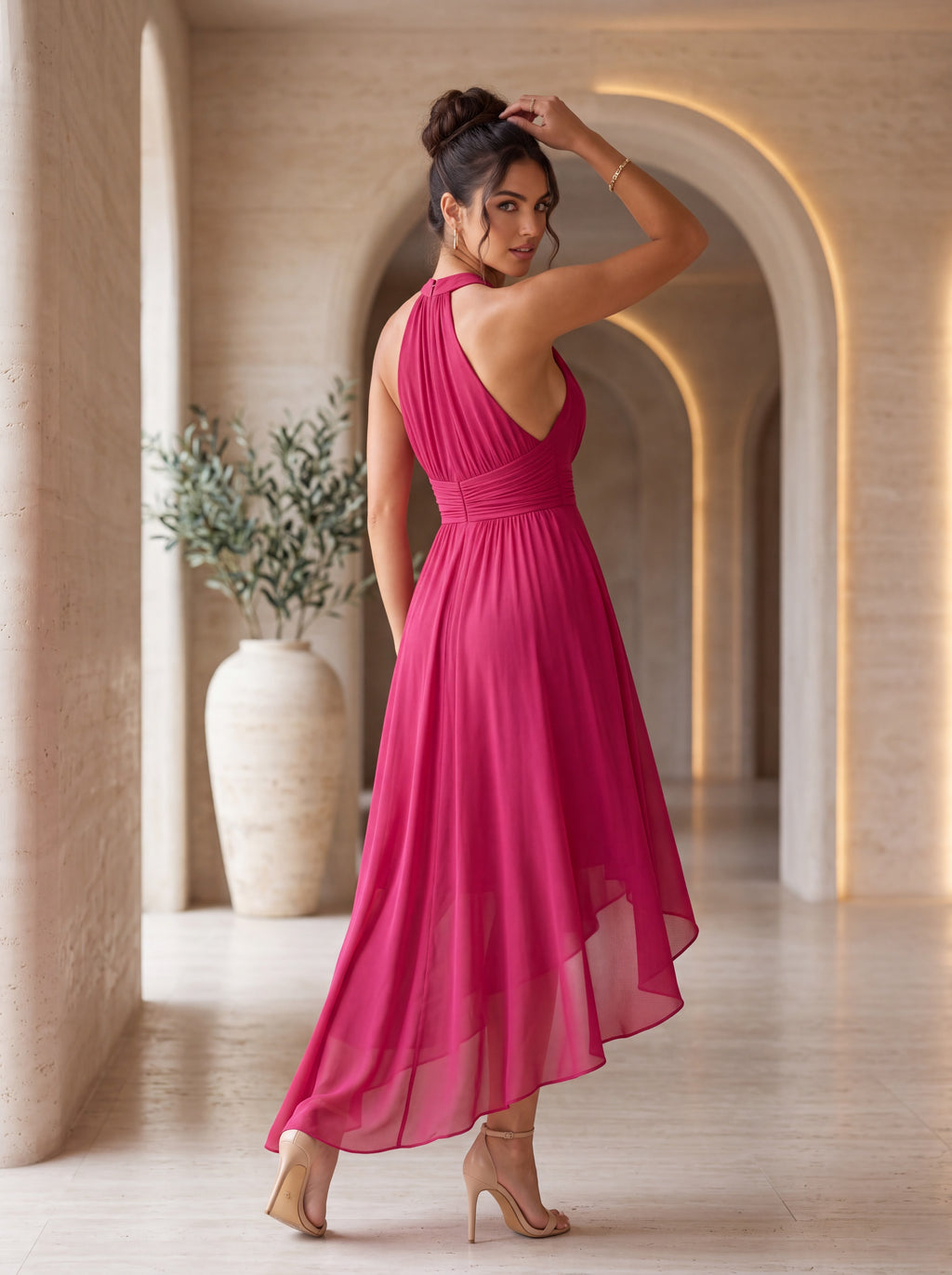 Fuchsia High-Low Chiffon Halter Dress