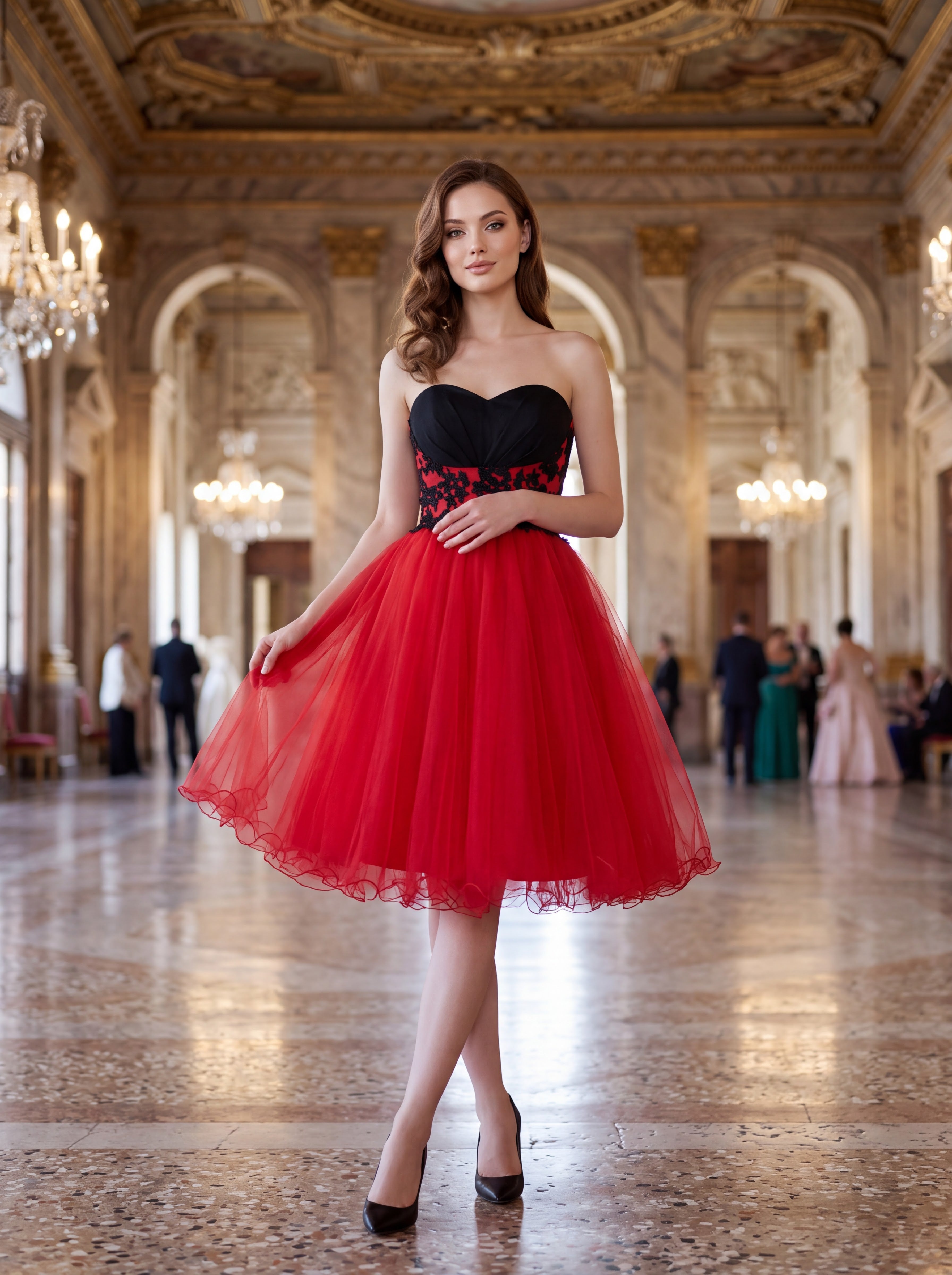 Red & Black Strapless Lace Tulle Midi Dress