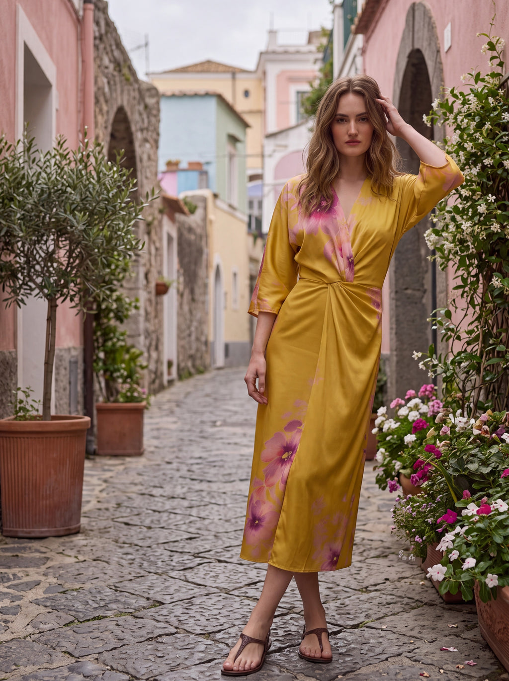Women's Floral Satin Twist Waist Midi Dress – Mustard Yellow