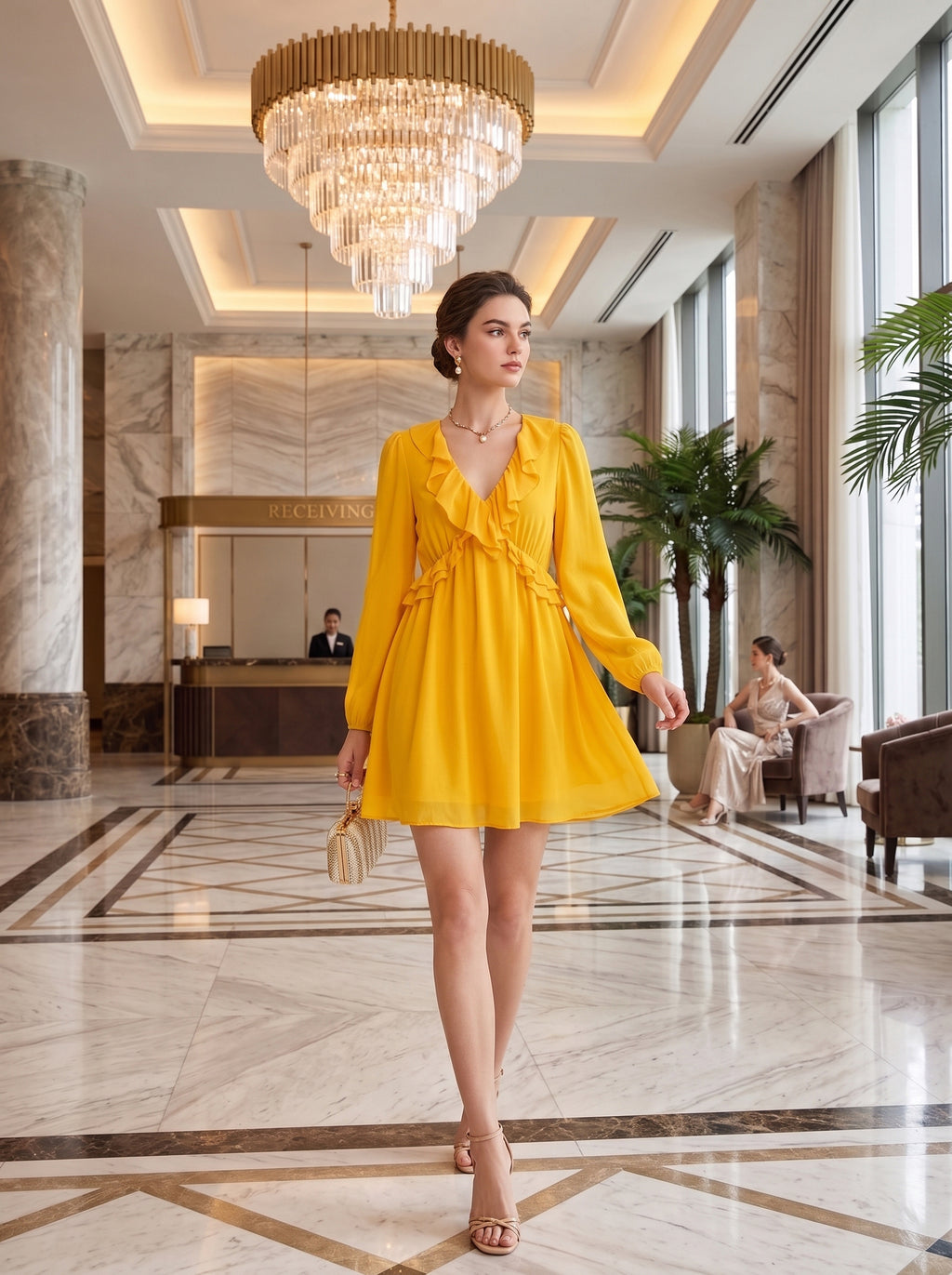 Women's Mustard Yellow Ruffle Mini Dress – Elegant Long Sleeve Party Dress