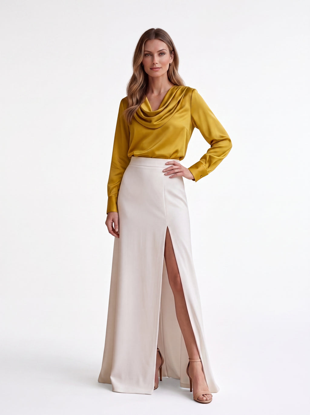 Women's Mustard Satin Cowl Neck Top | Premium European Long Sleeve Top