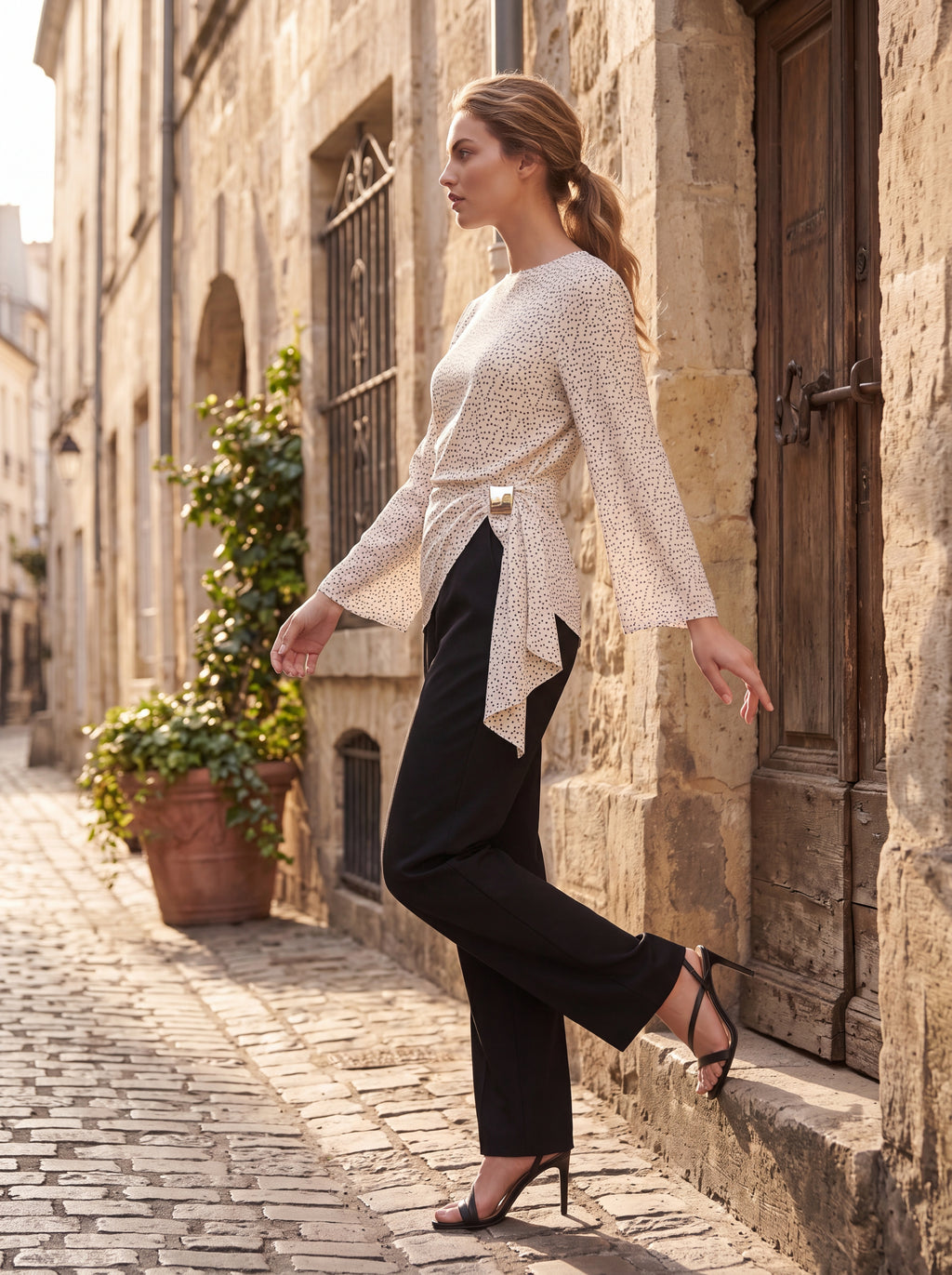 Women's Ivory Printed Wrap Top | Premium European Tie-Waist top