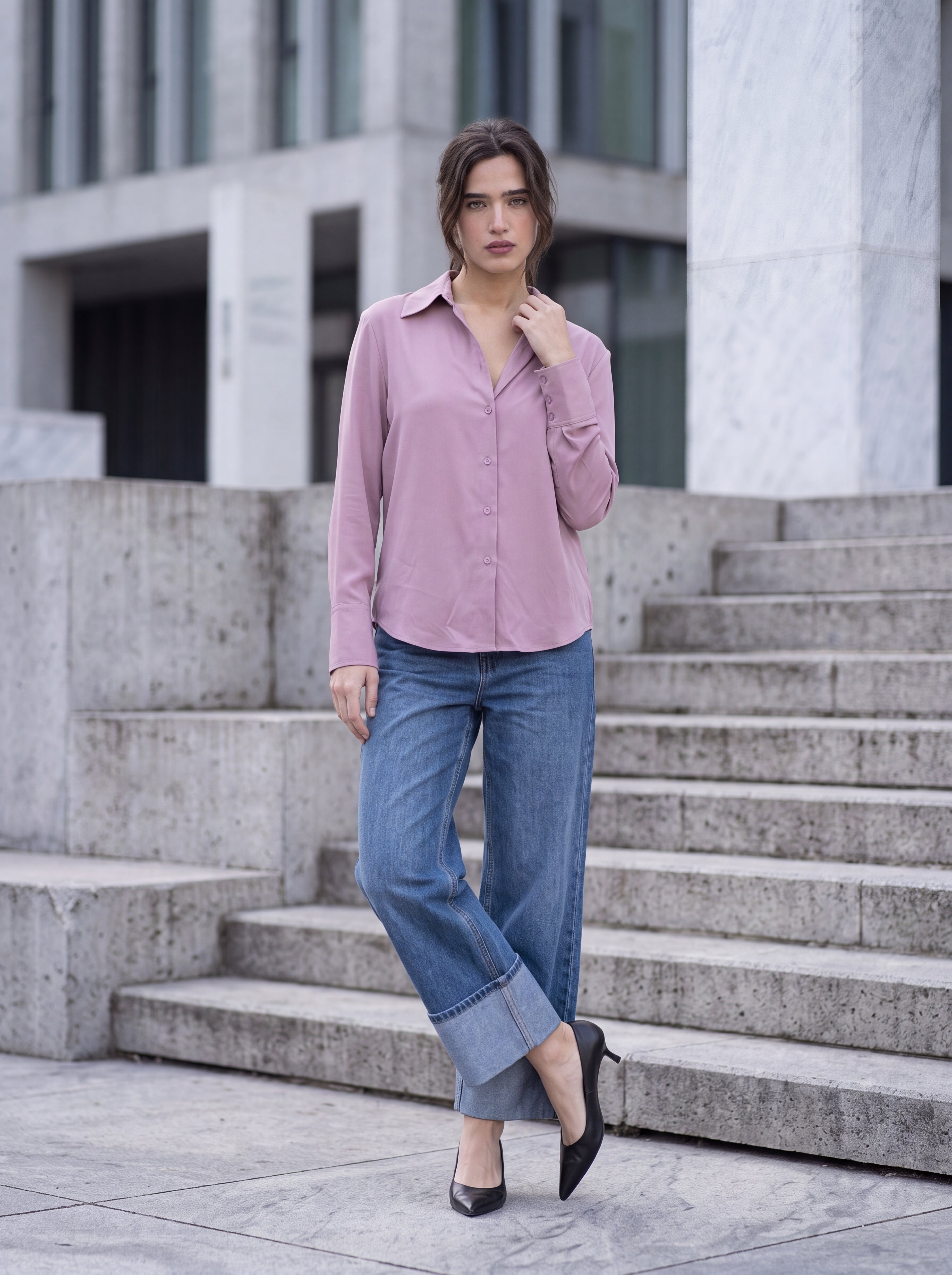 Women's Dusty Rose Classic Button-Down Shirt | Elegant Long Sleeve Blouse