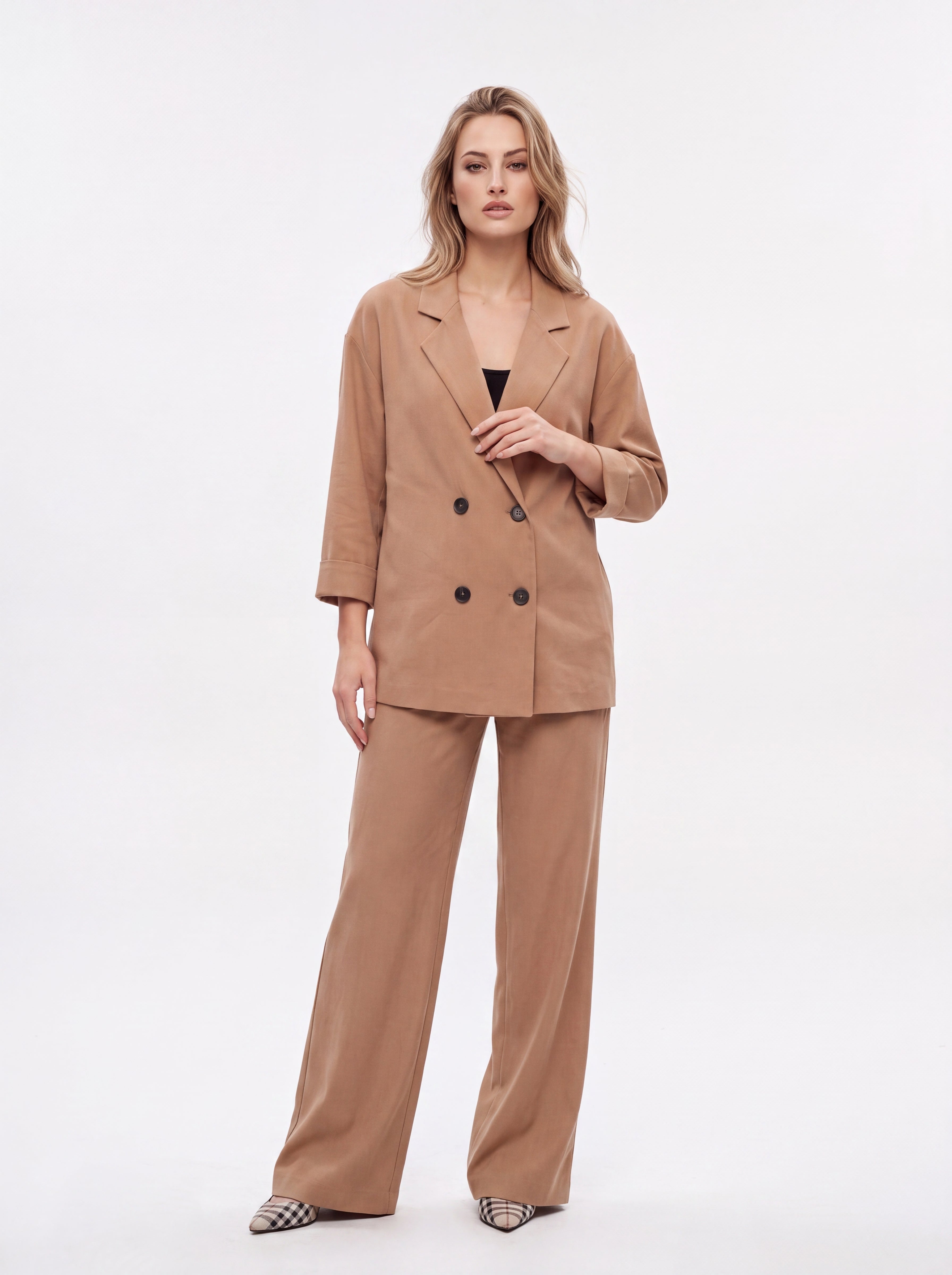 Women's Camel Brown Double-Breasted Blazer