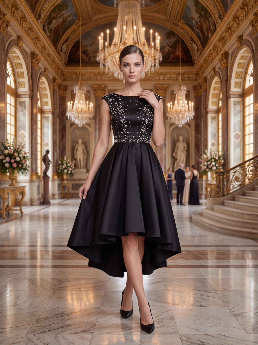 Black Embellished High-Low Satin Dress
