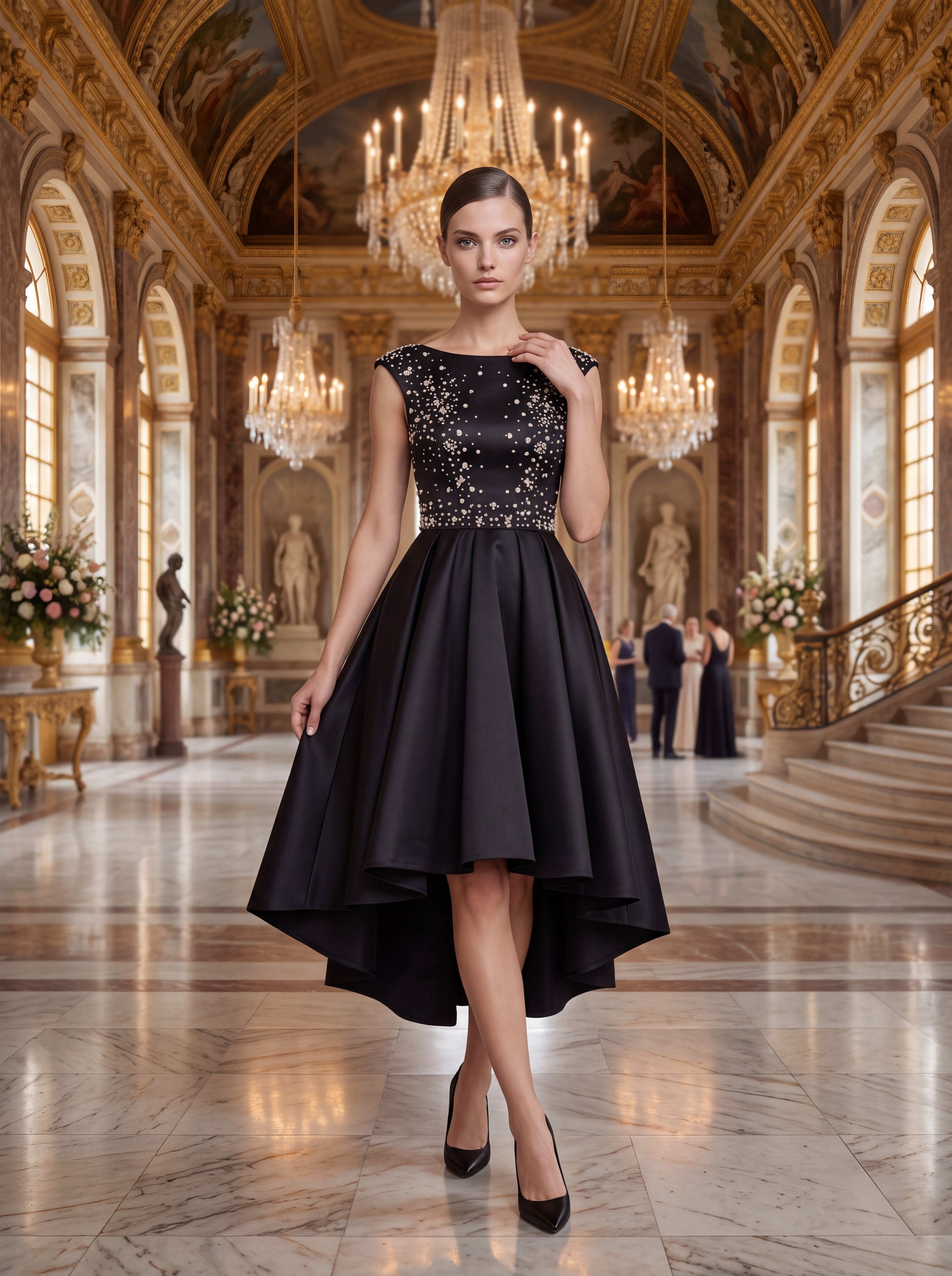 Black Embellished High-Low Satin Dress