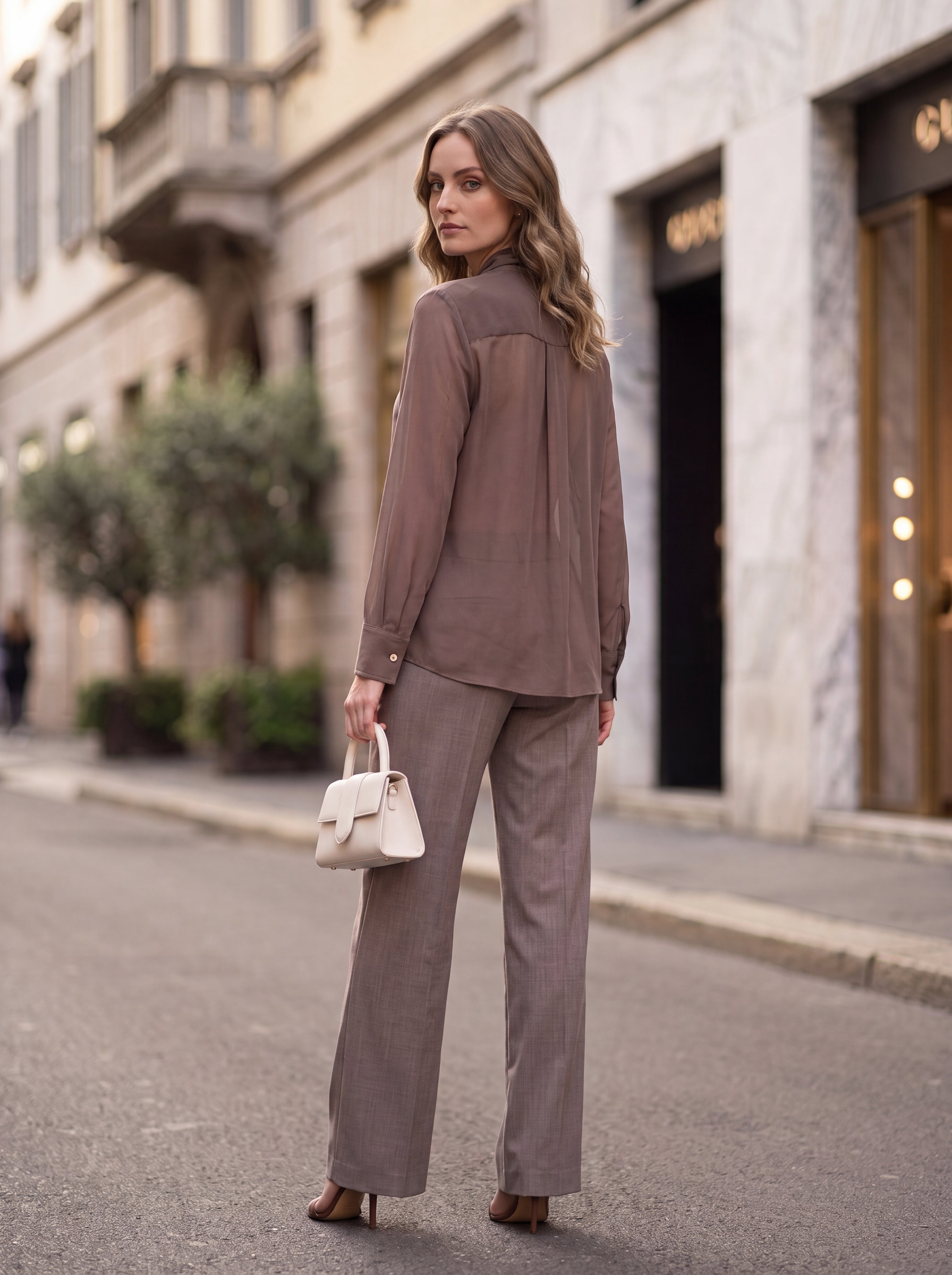 Women's Taupe Sheer Tie-Neck Blouse | Elegant Long Sleeve Chiffon Shirt