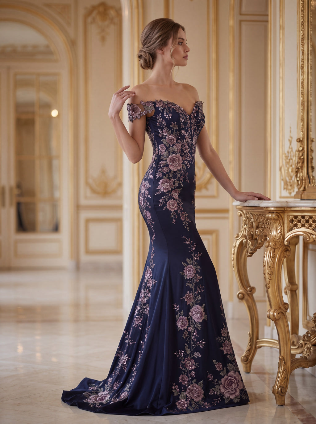 Navy Blue Floral Embroidered Mermaid Evening Gown