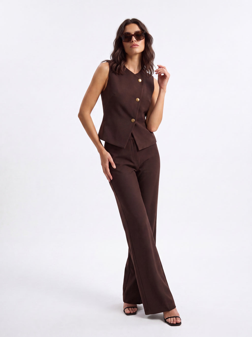 Women's Chocolate Brown Sleeveless Tailored Vest | Elegant Button Front Top
