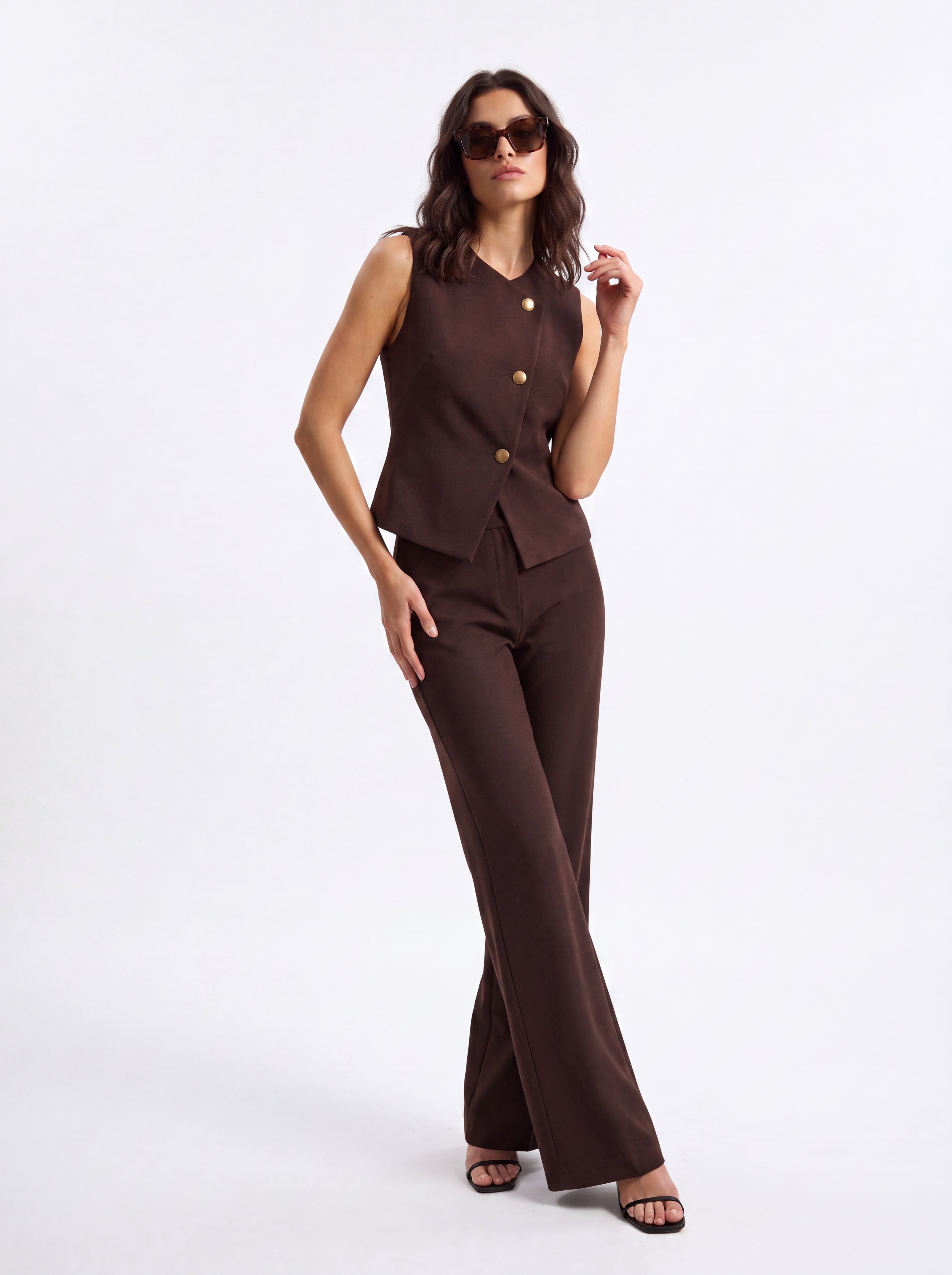 Women's Chocolate Brown Sleeveless Tailored Vest | Elegant Button Front Top
