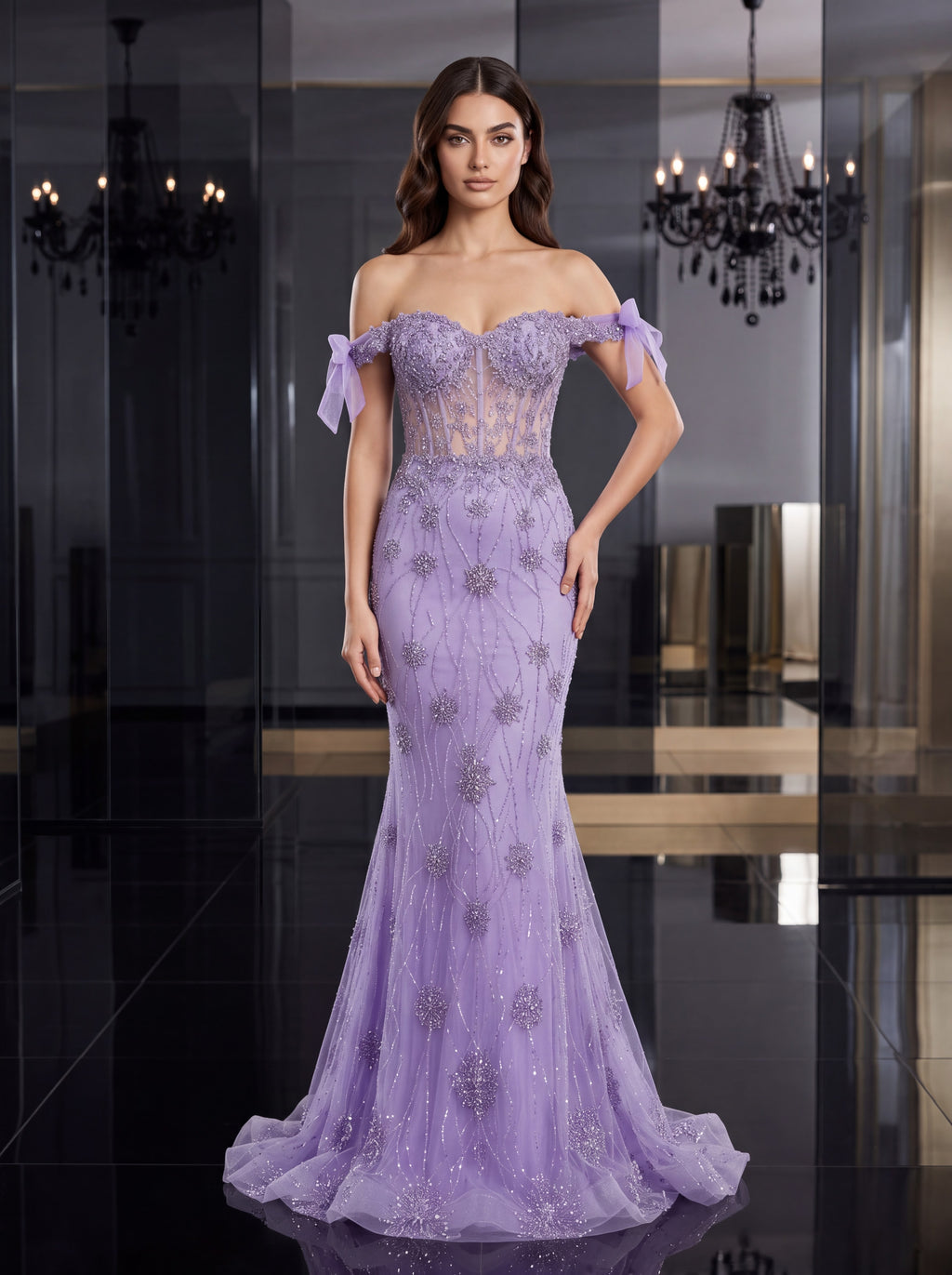 Lavender Embellished Off-Shoulder Mermaid Evening Gown