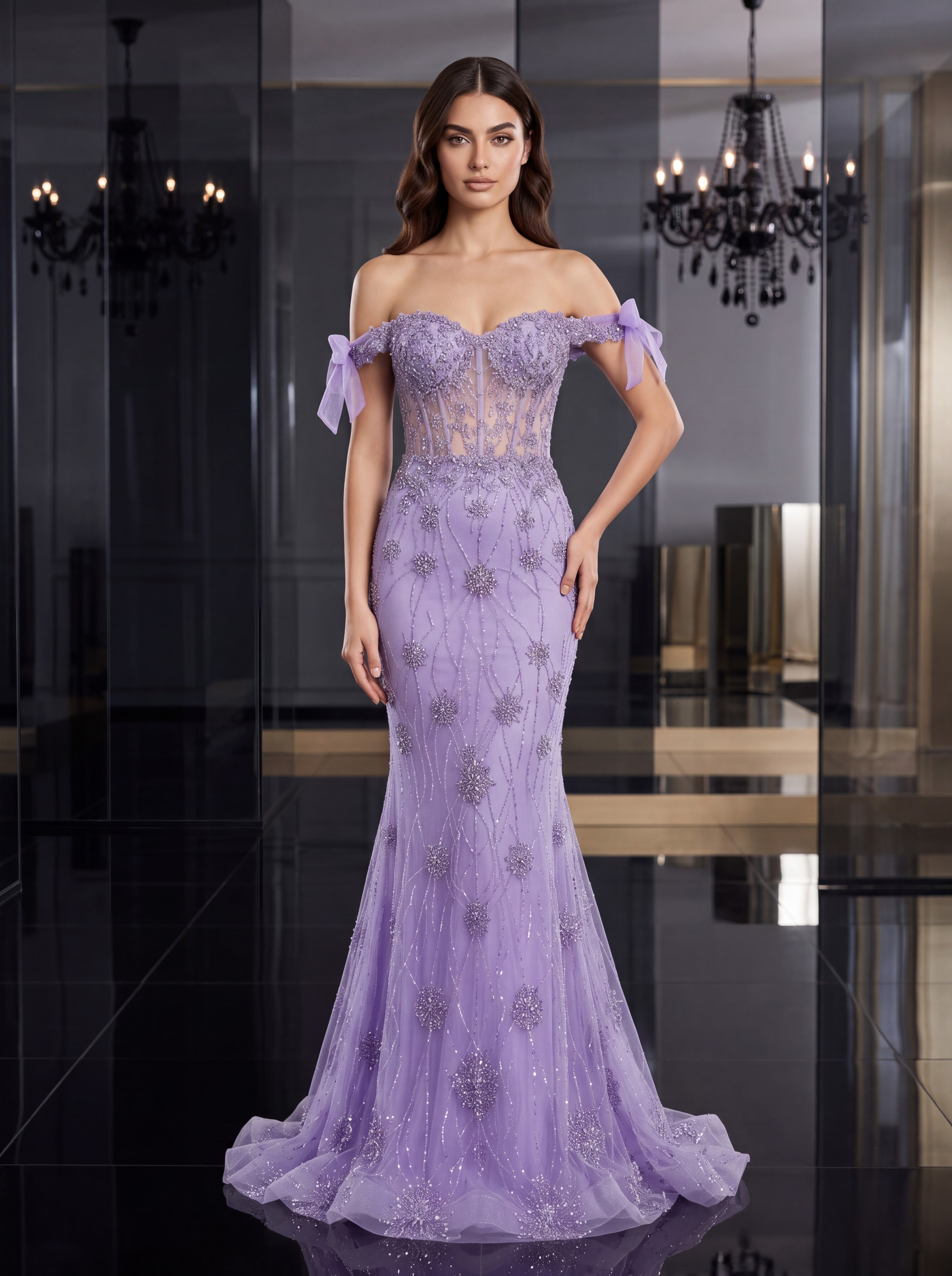Lavender Embellished Off-Shoulder Mermaid Evening Gown