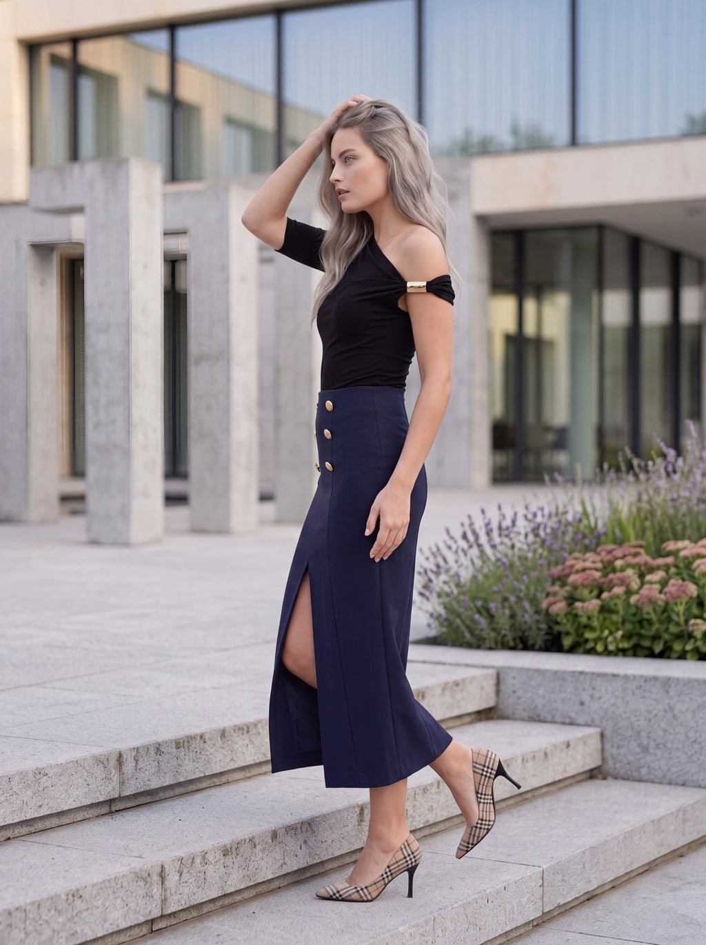 Women's Navy Gold Button Midi Skirt | Premium European Women's Elegant Pencil Skirt