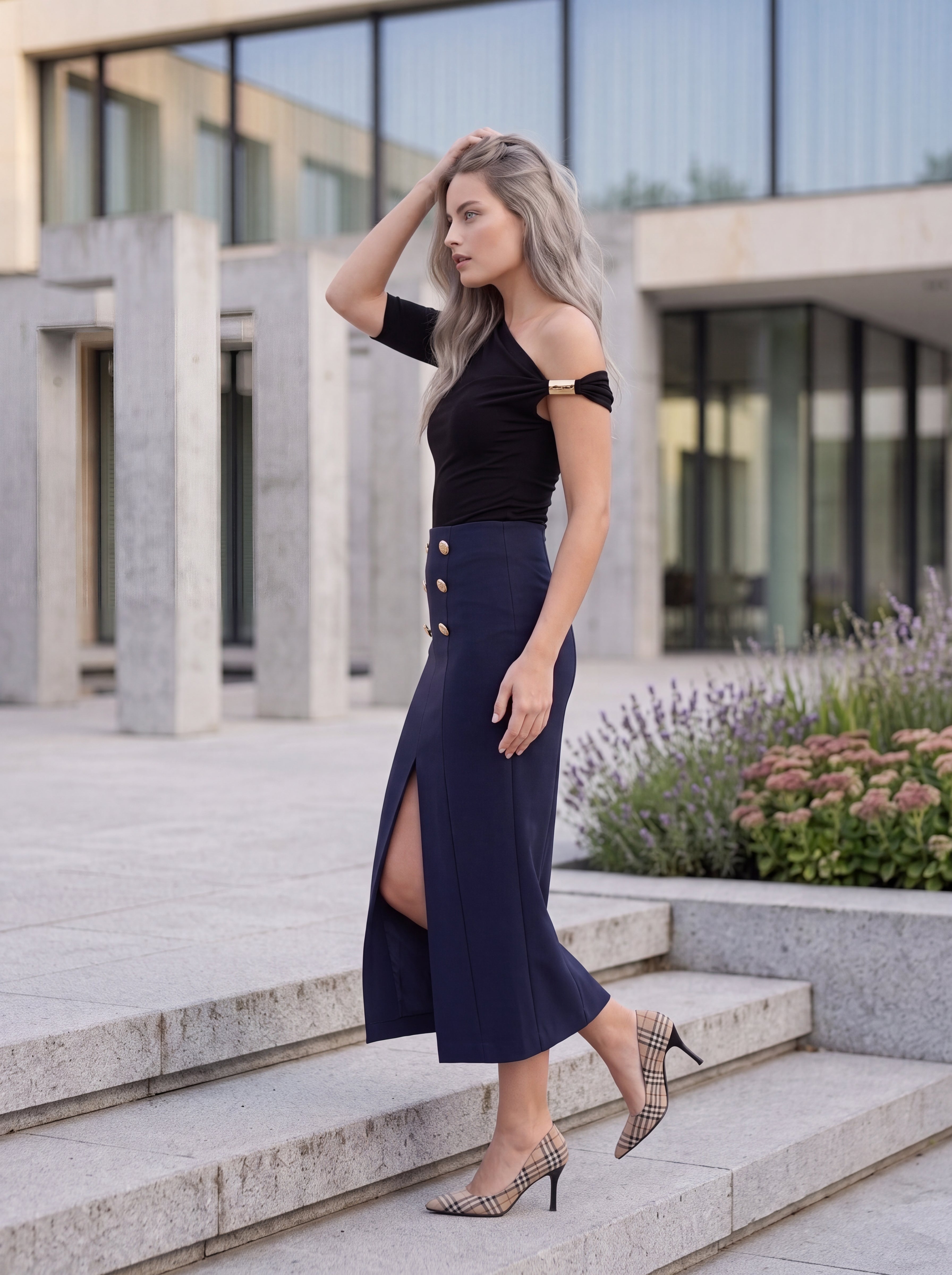 Women's Navy Gold Button Midi Skirt | Premium European Women's Elegant Pencil Skirt