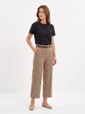 Women's Brown Check High-Waisted Cropped Wide-Leg Trousers – Premium European Plaid Tailored Pants