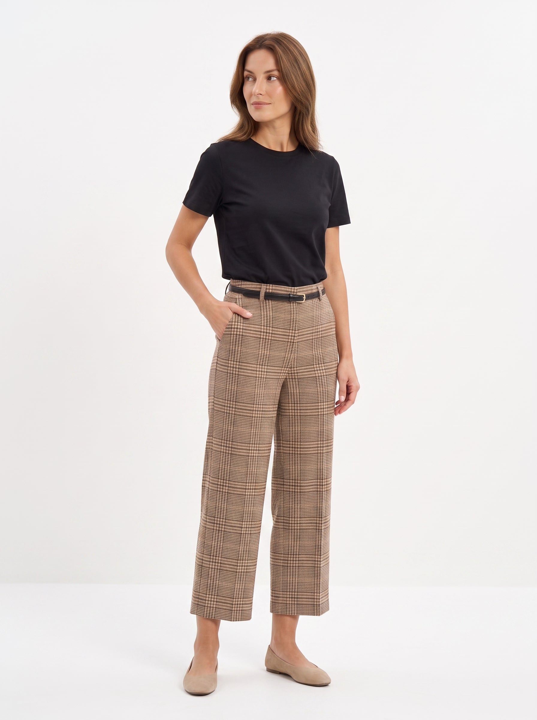 Women's Brown Check High-Waisted Cropped Wide-Leg Trousers – Premium European Plaid Tailored Pants