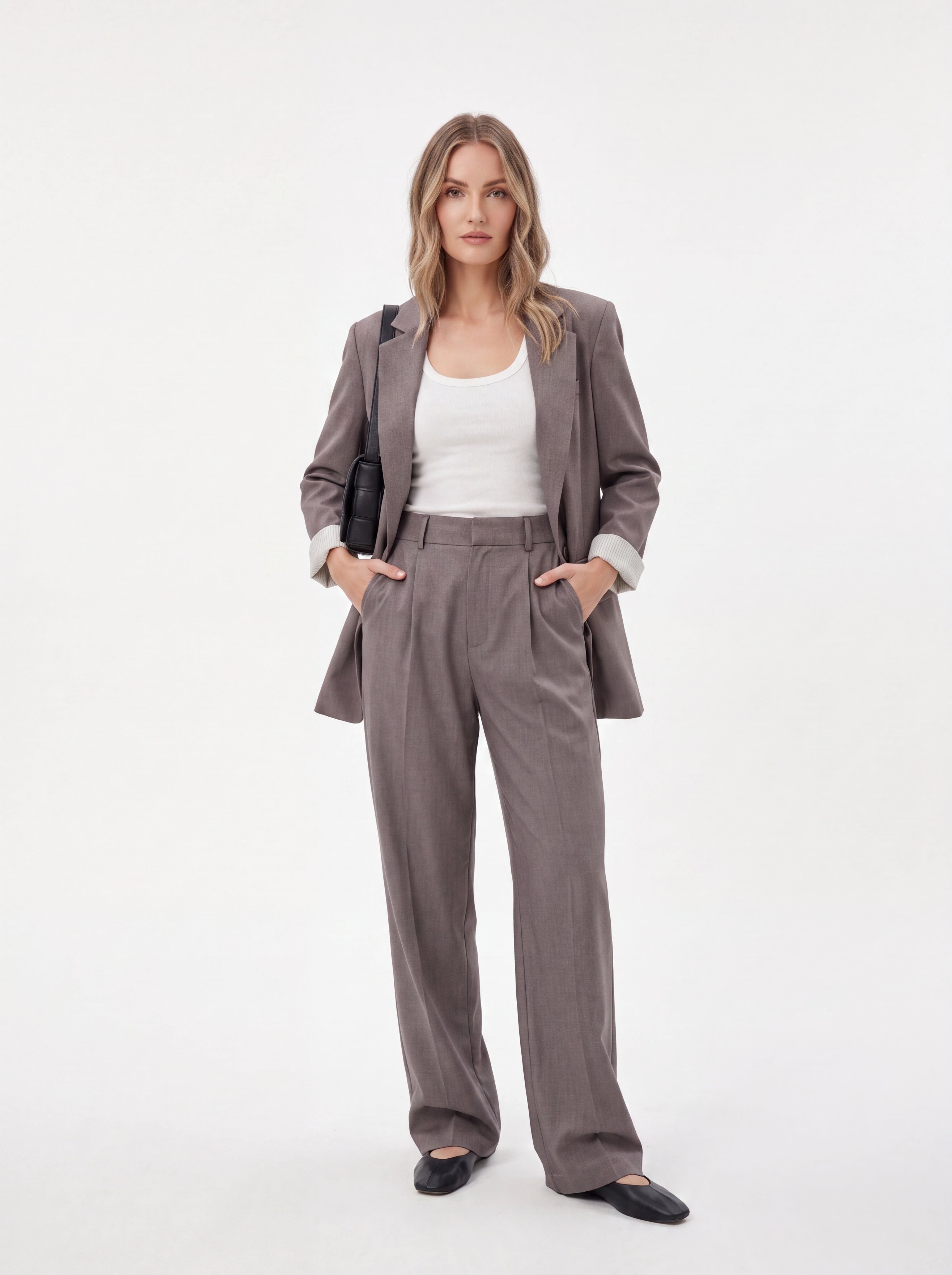 Women's Taupe High-Waisted Wide Leg Tailored Trousers – Premium European Formal Pants