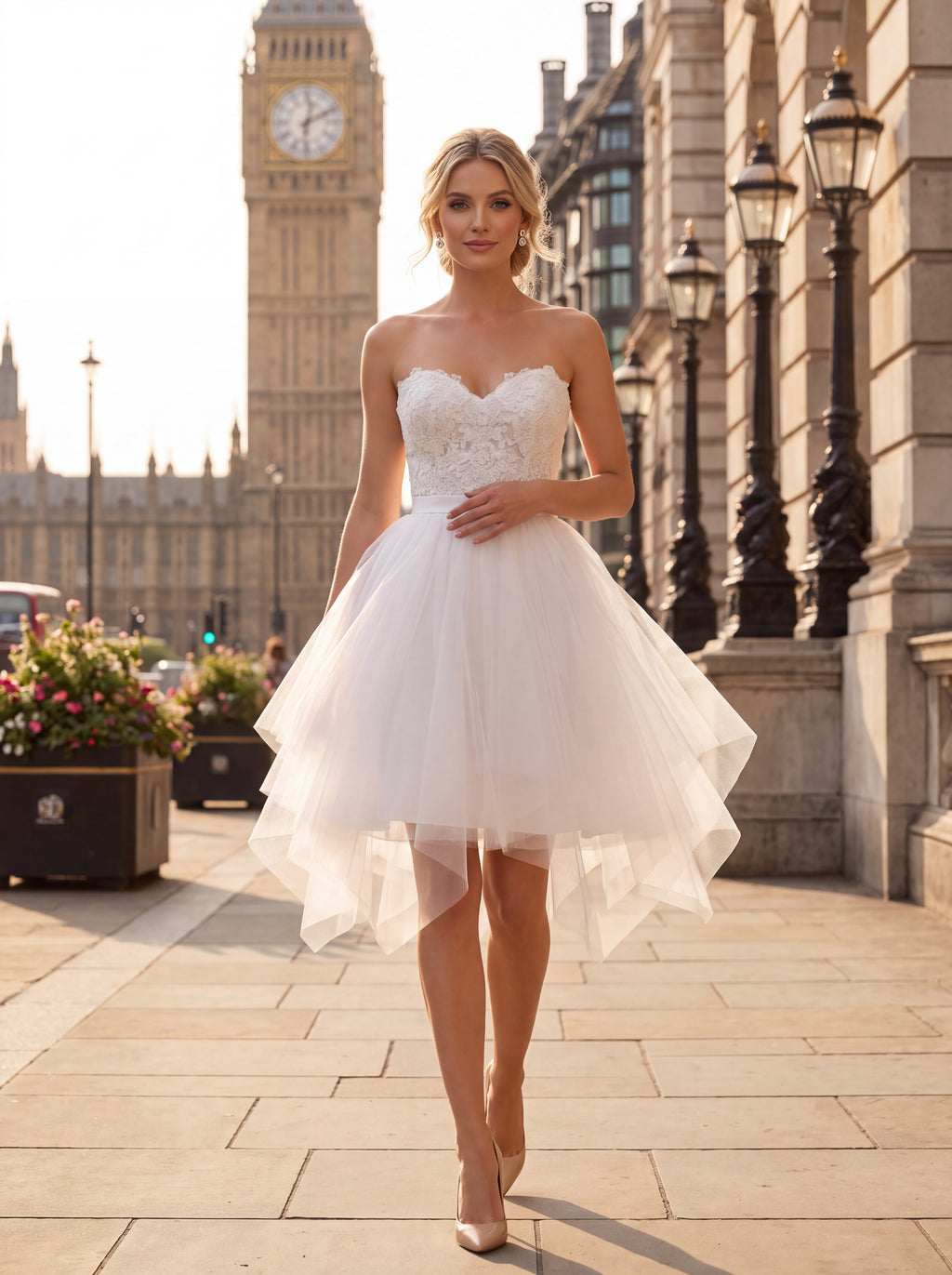 White Strapless Lace Tulle Cocktail Dress