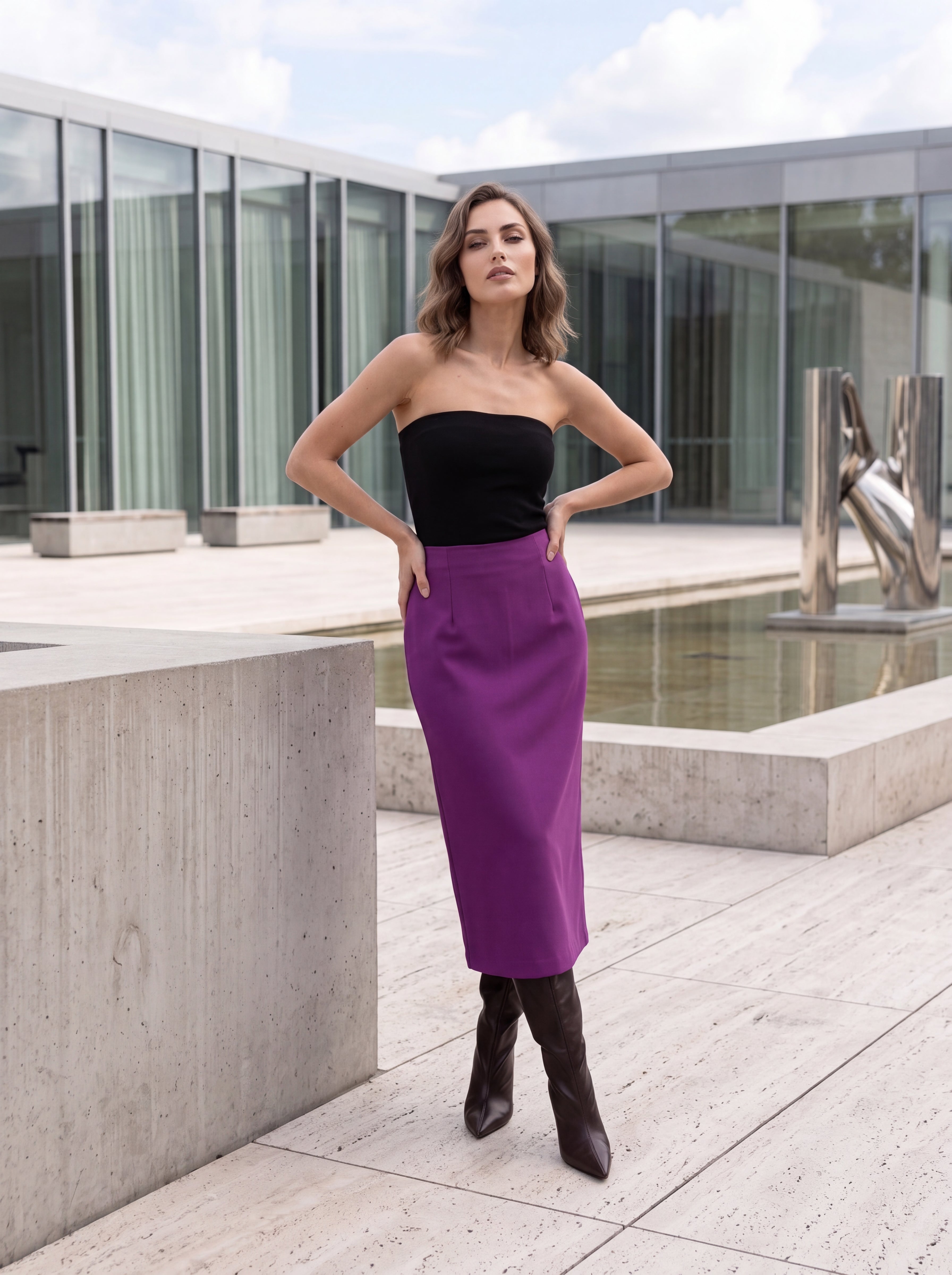Women's Satin Purple Midi Pencil Skirt