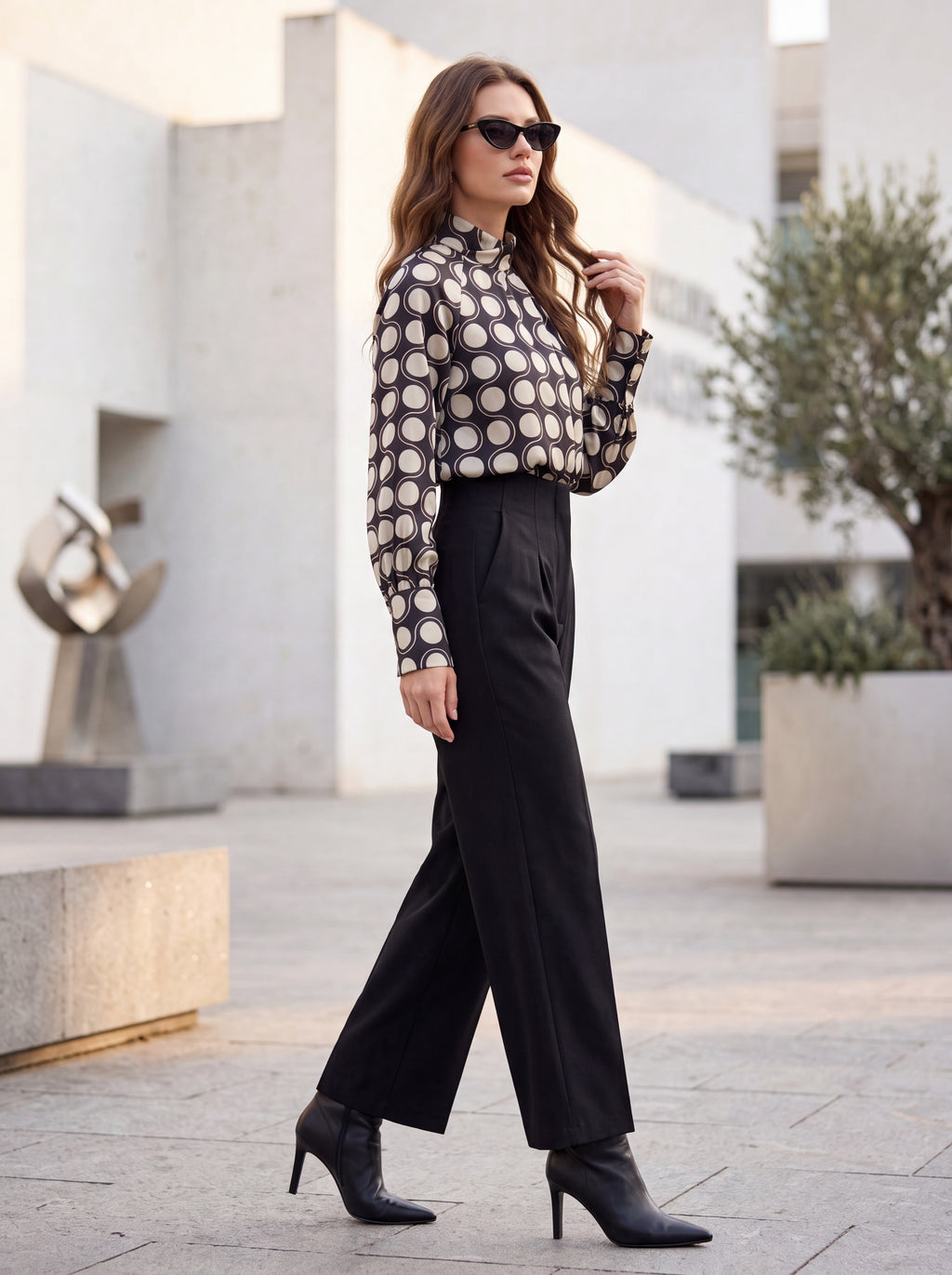 Women's Black & Beige Polka Dot High Neck Blouse | Premium Printed Long Sleeve Top