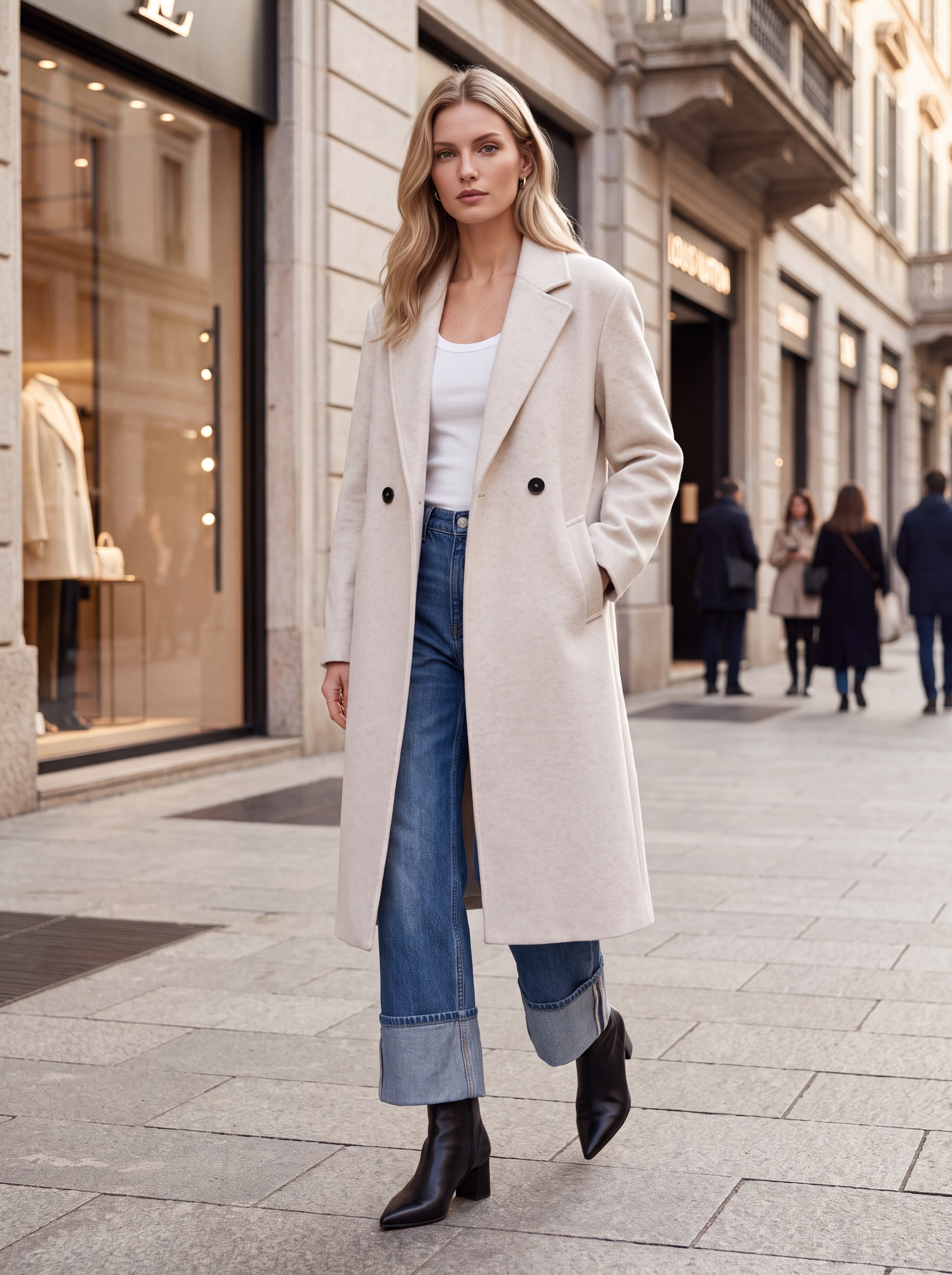 Women's Single-Breasted Long Wool Blend blazer – Cream