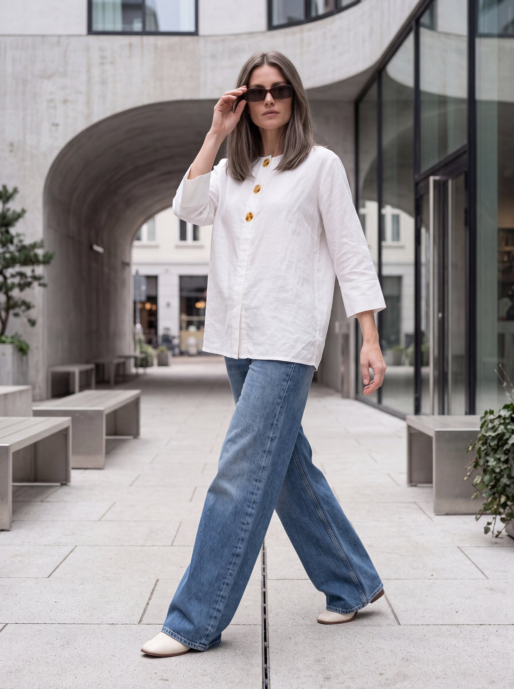 Women's White Linen Button Detail Top | Premium Relaxed Casual Blouse