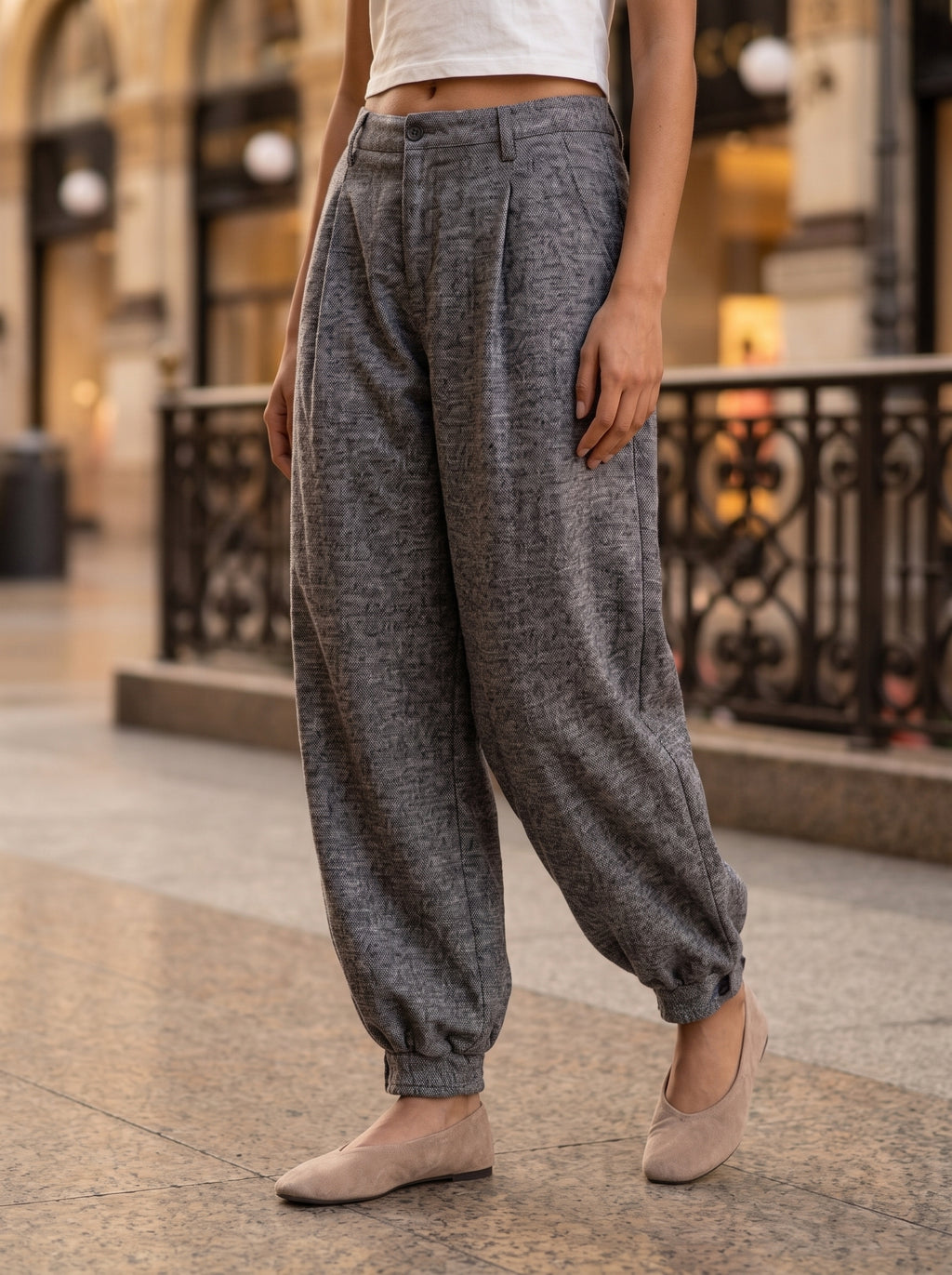 Women's Grey Textured Jogger Trousers – Premium European High-Waisted Relaxed Fit Pants