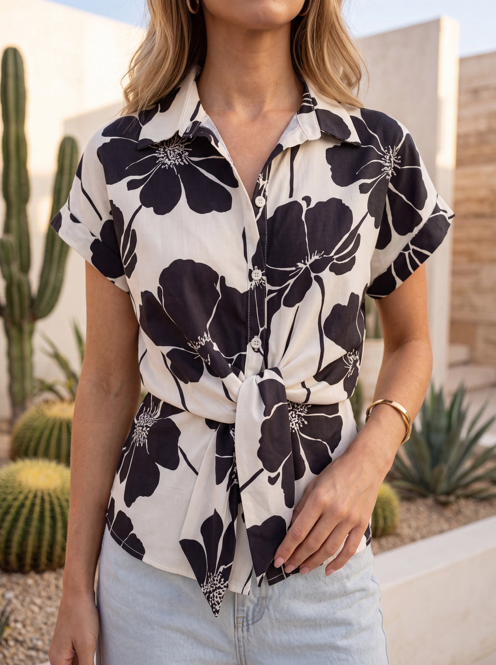 Women's Floral Print Tie-Waist Shirt | Elegant Short Sleeve Button-Down Shirt