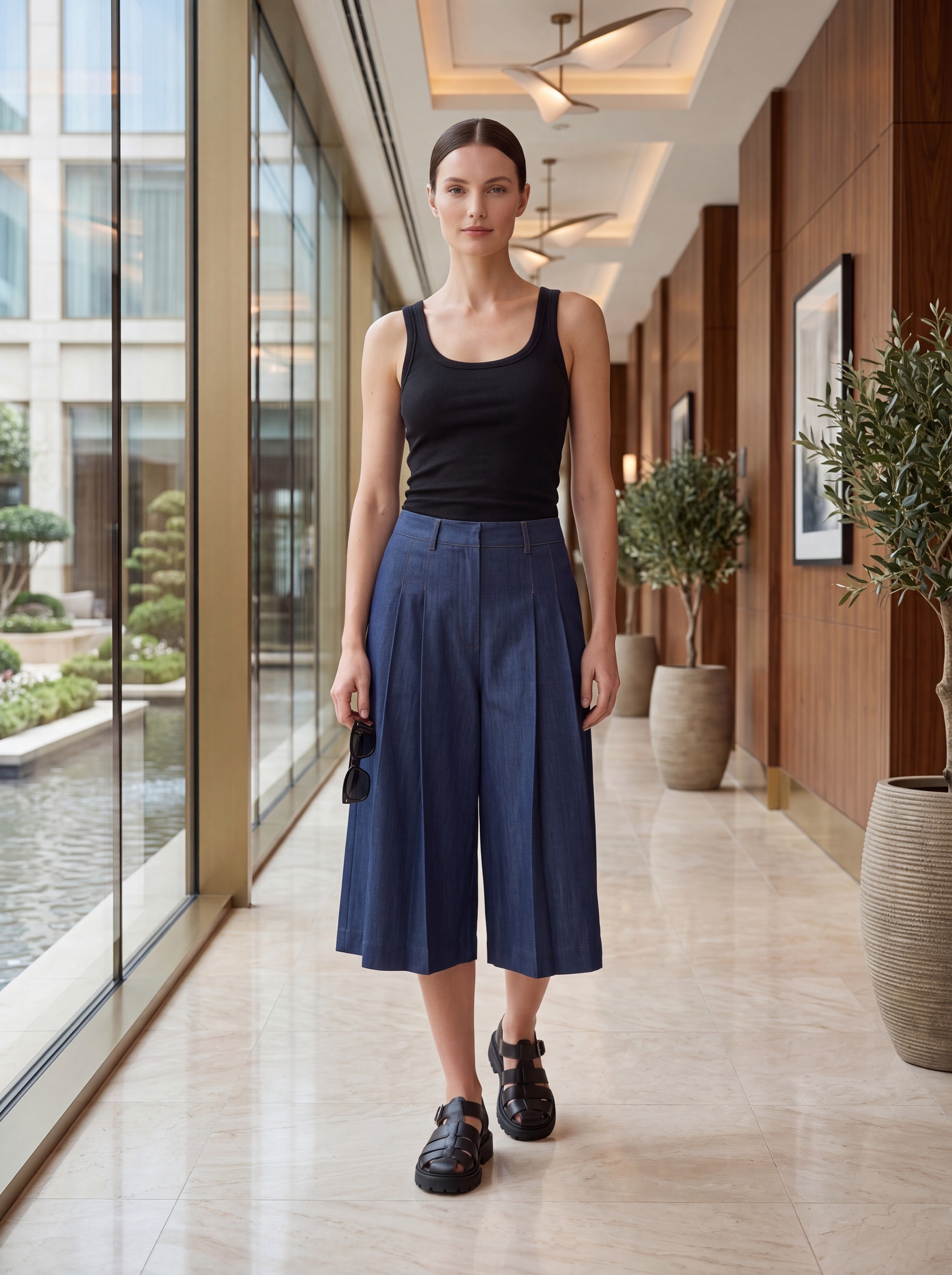 Women's Navy Pleated Wide Leg Culotte Pants – Premium European Tailored Fashion