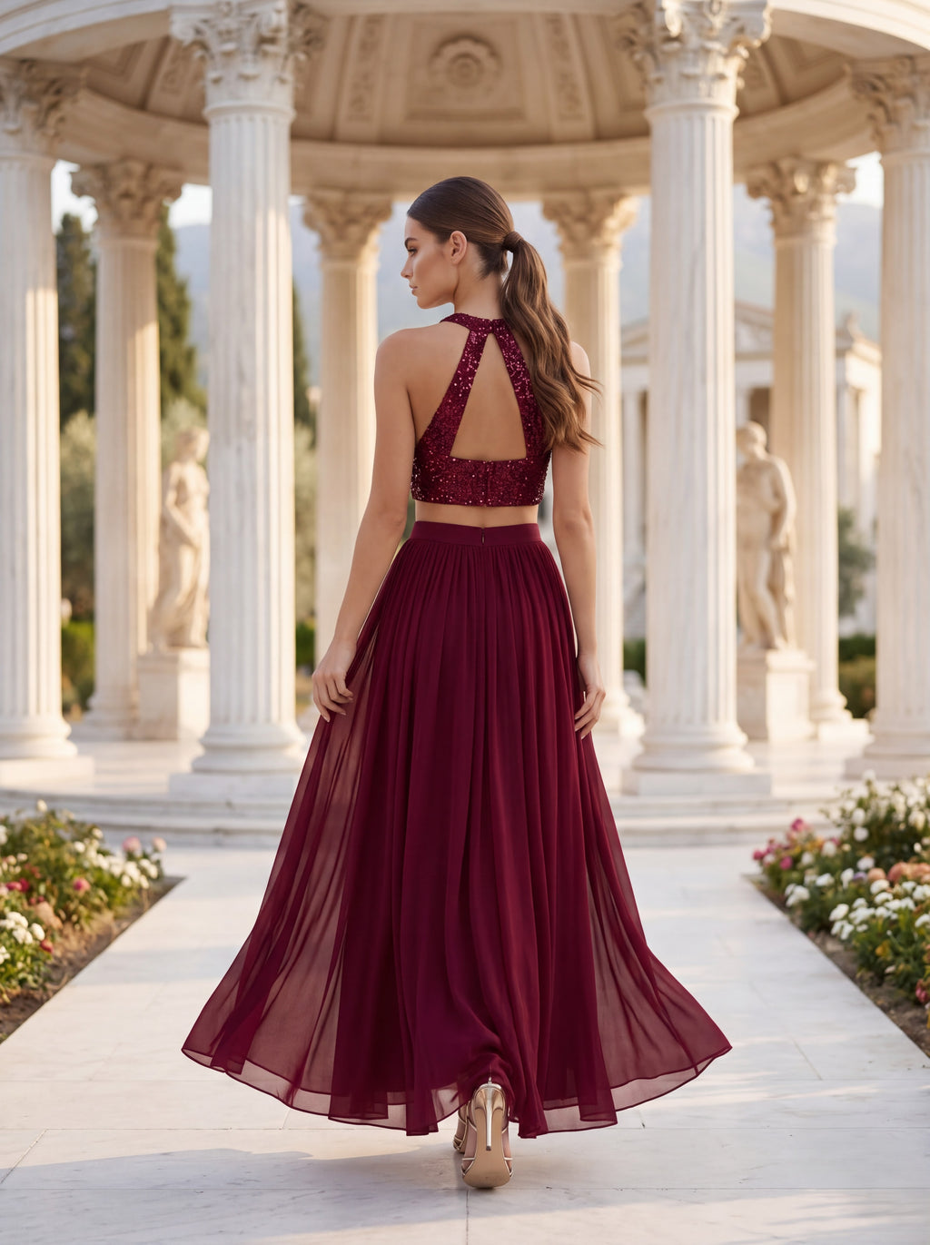 Burgundy Sequin Crop Top & Chiffon Maxi Skirt Set