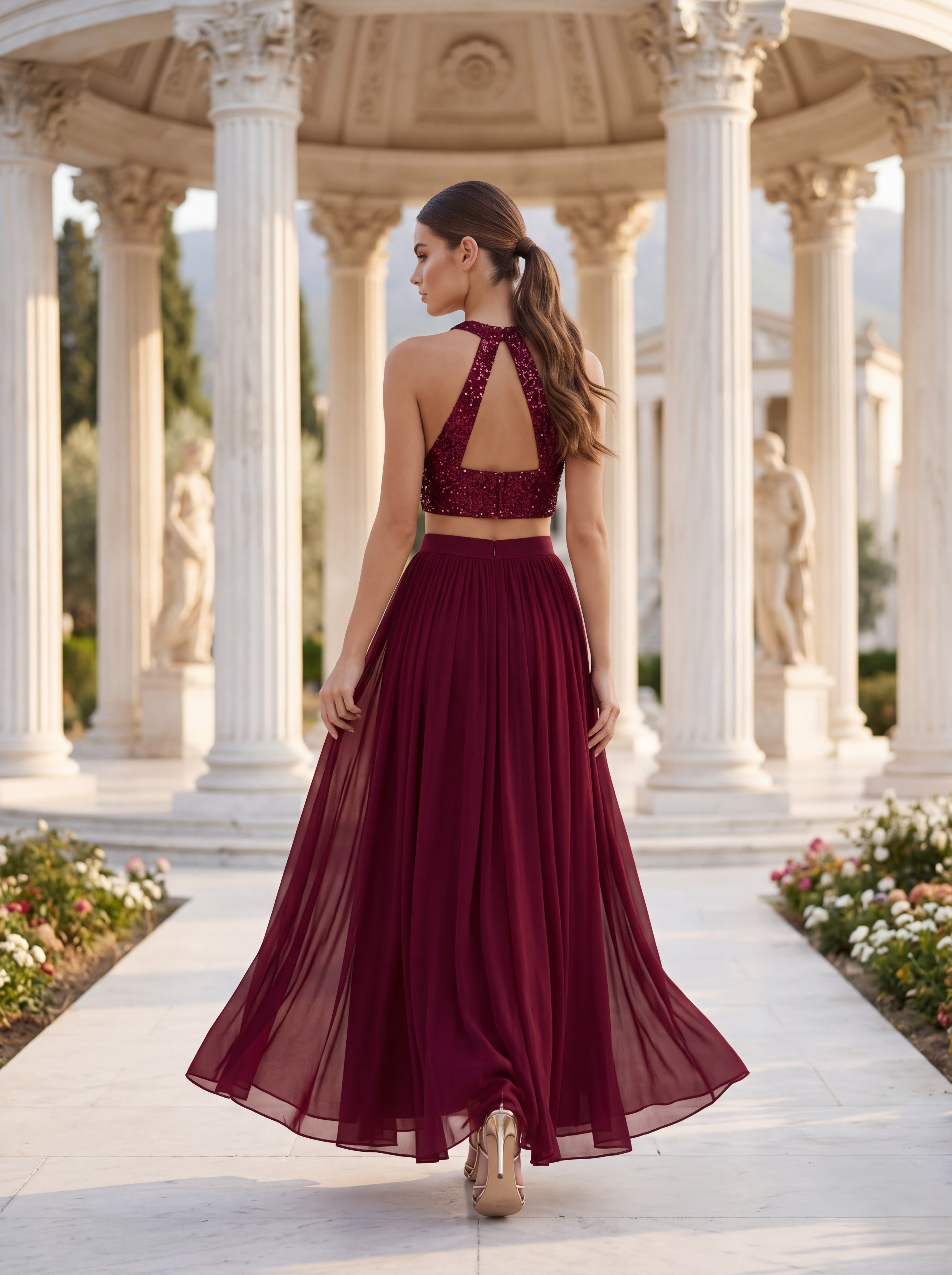 Burgundy Sequin Crop Top & Chiffon Maxi Skirt Set