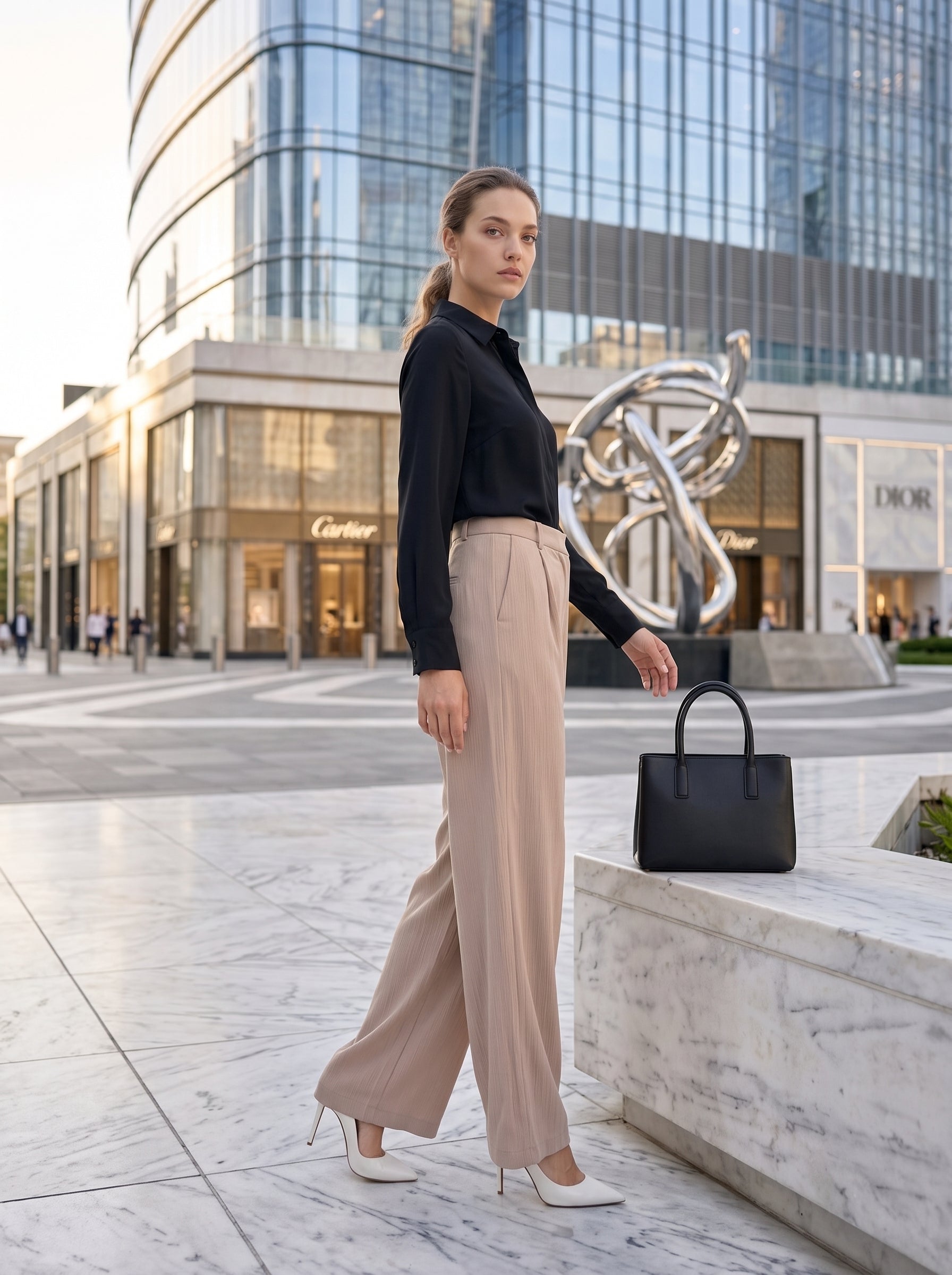 Women's Beige High-Waisted Wide Leg Tailored Trousers – Premium European Office Wear