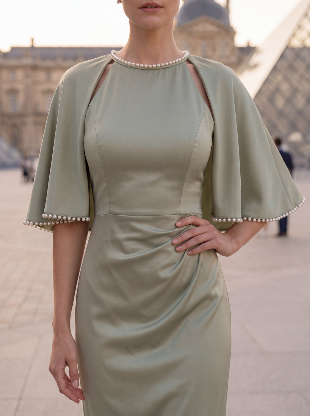Sage Green Cape Sleeve Evening Gown