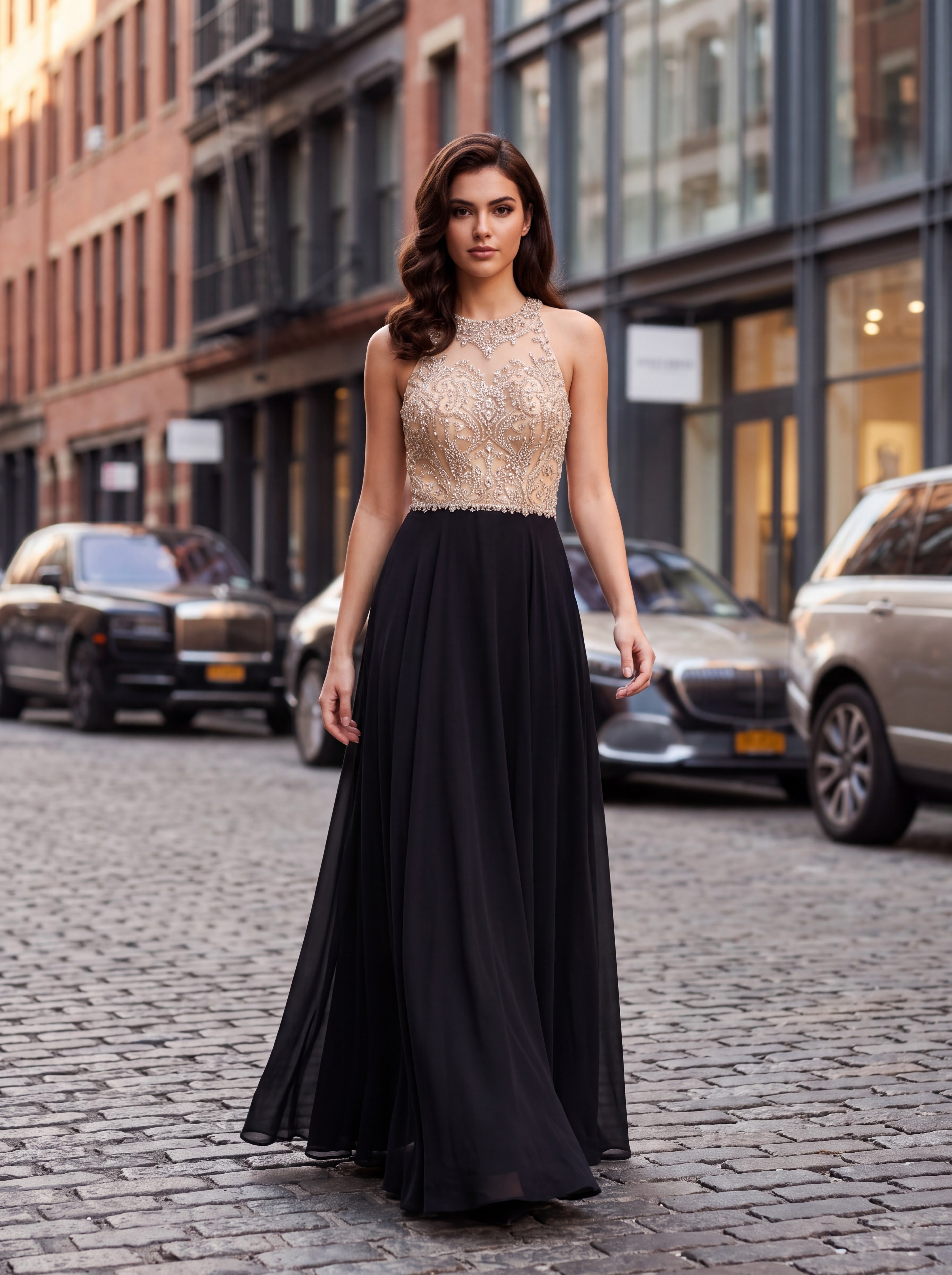 Black & Champagne Embellished Evening Gown