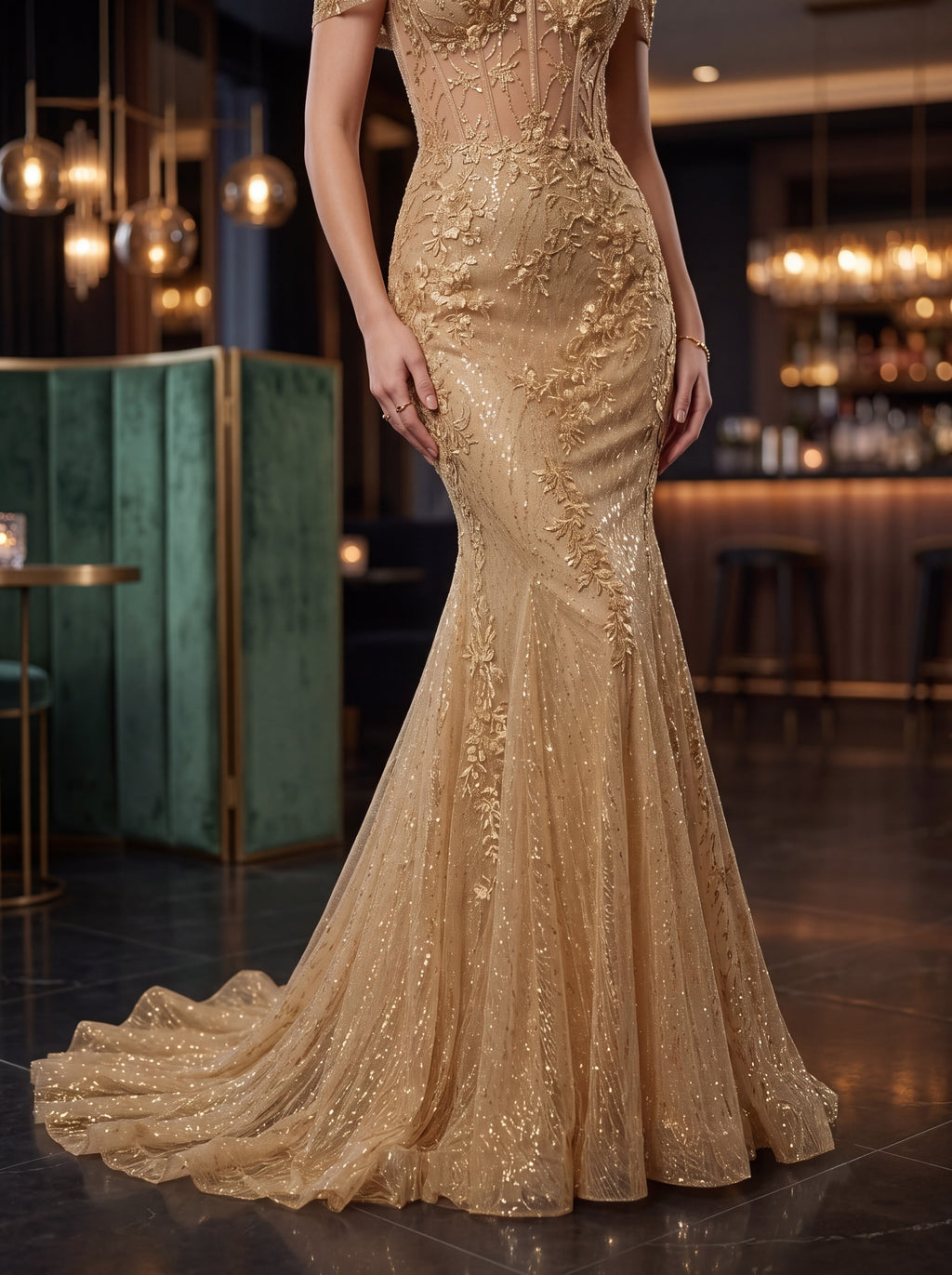 Champagne Gold Off-Shoulder Mermaid Evening Gown