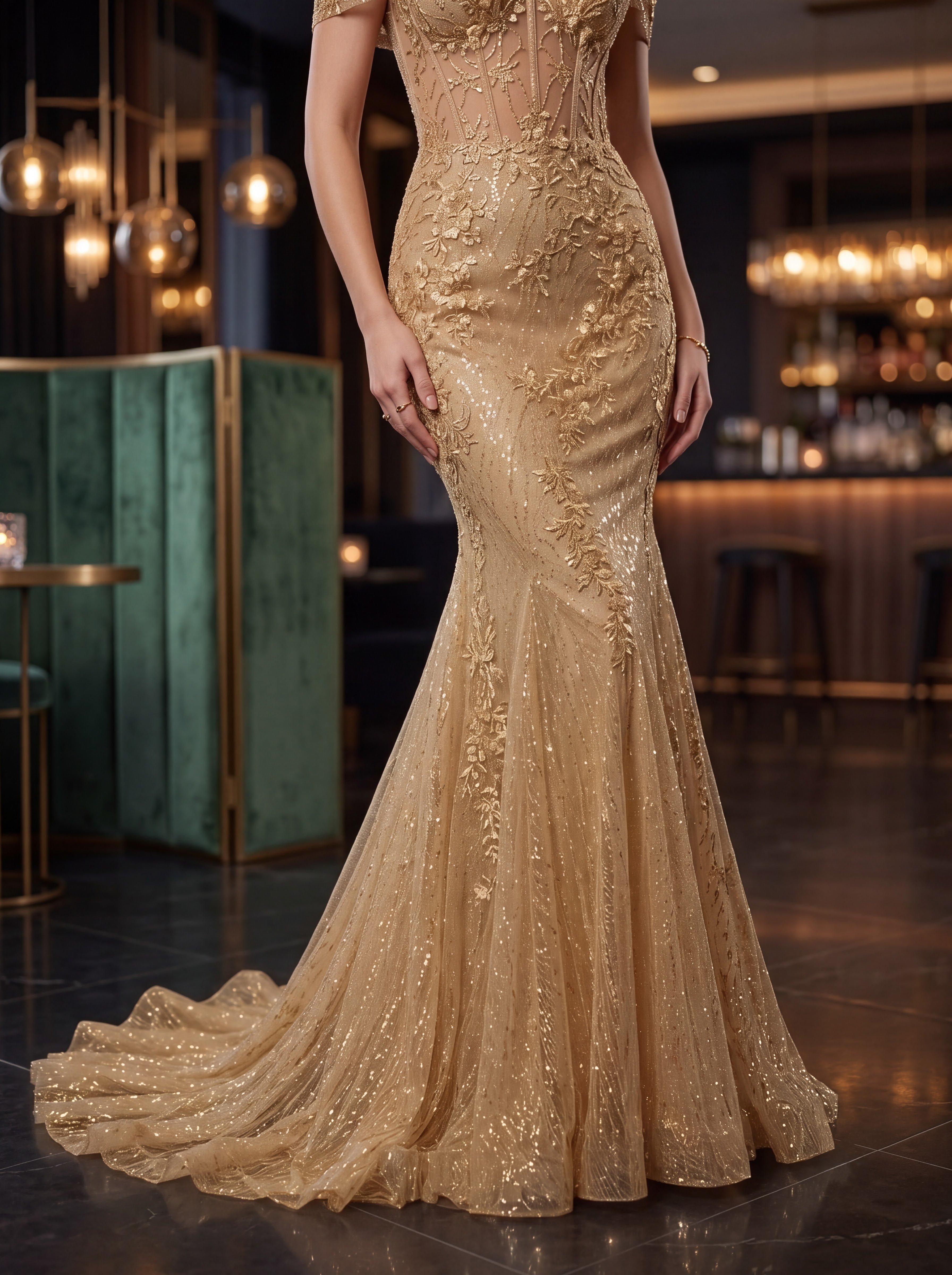 Champagne Gold Off-Shoulder Mermaid Evening Gown