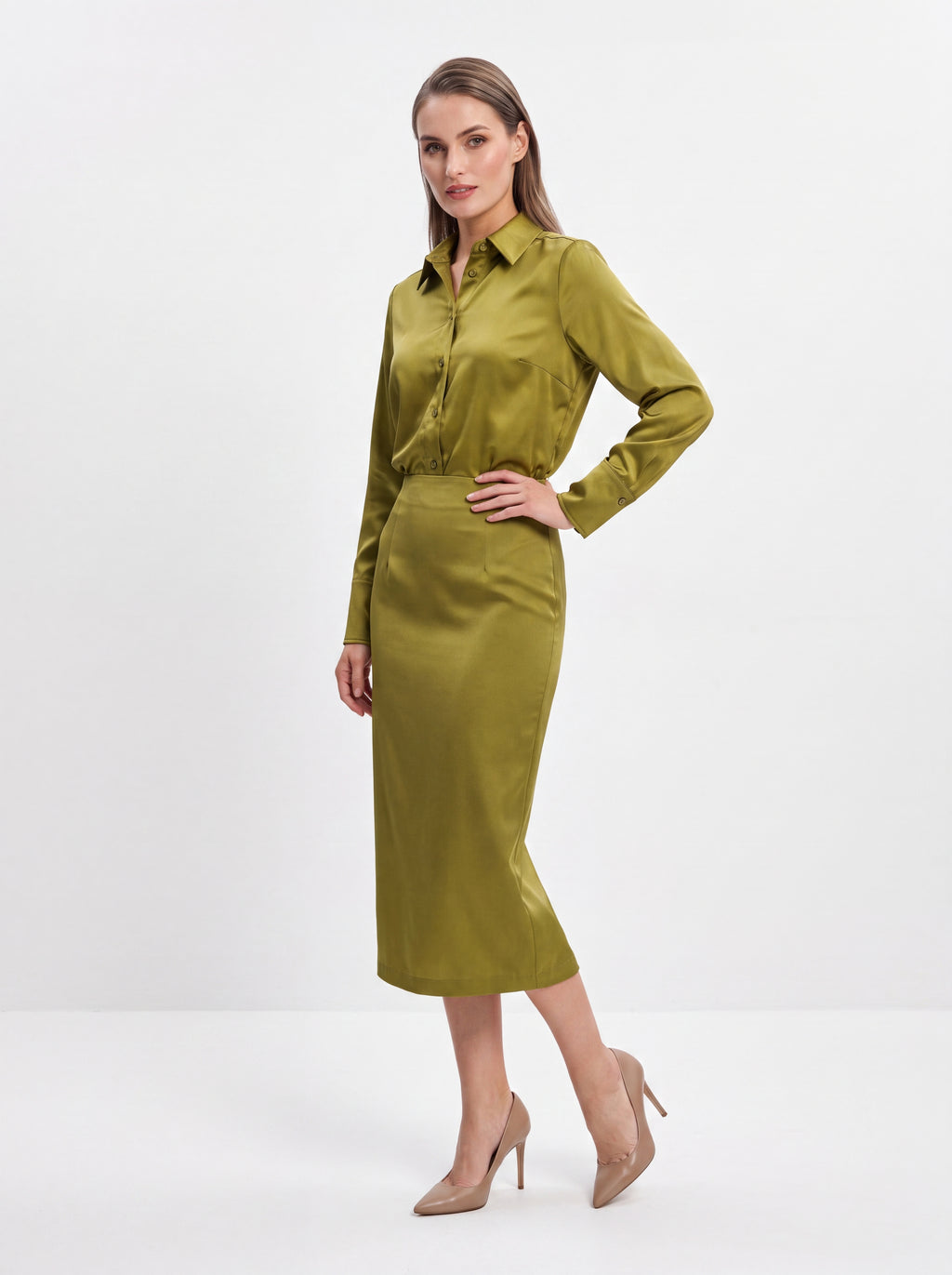 Women's Olive Satin Pencil Midi Skirt