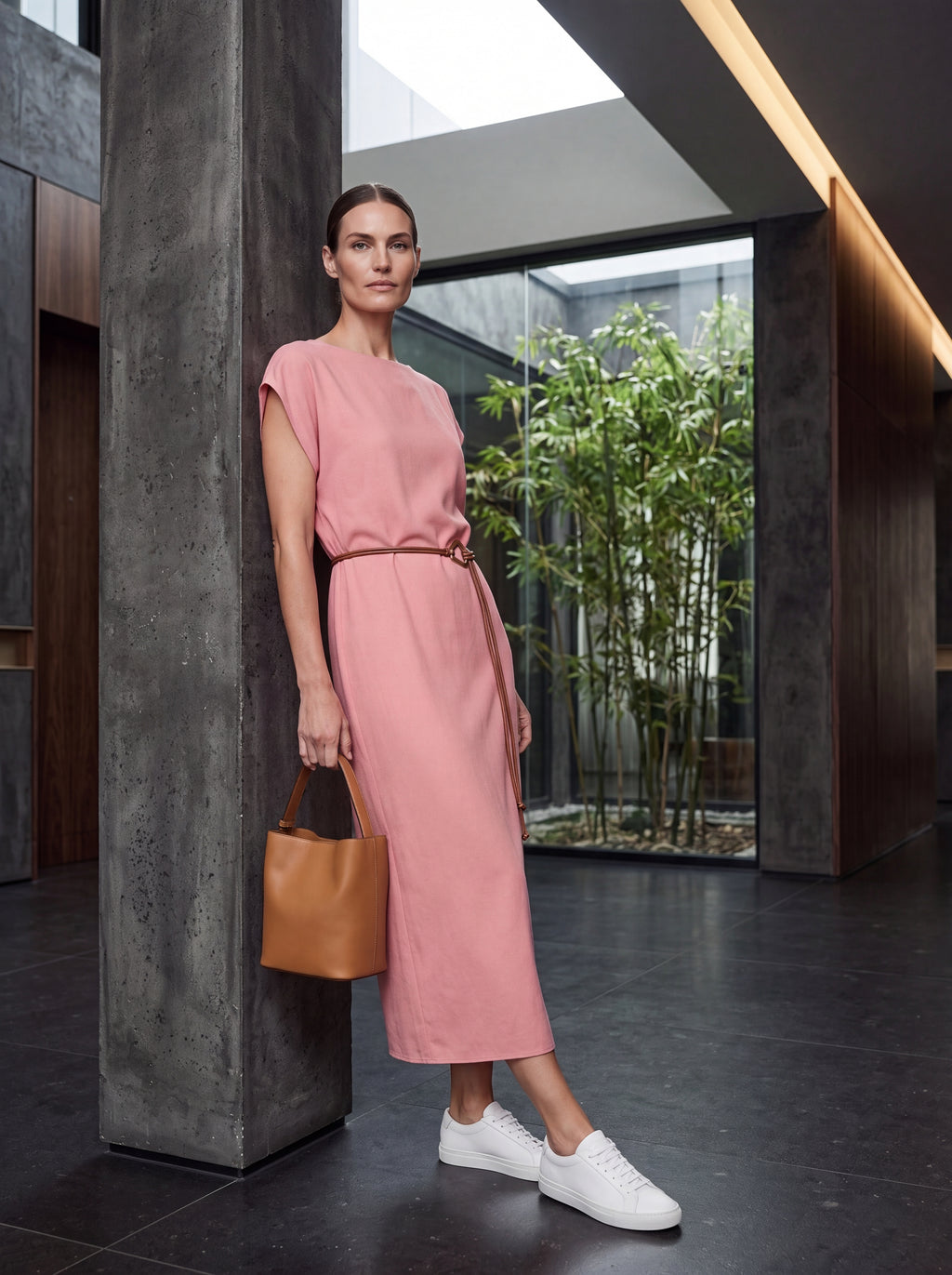 Women's Minimalist Belted Midi Dress – Blush Pink