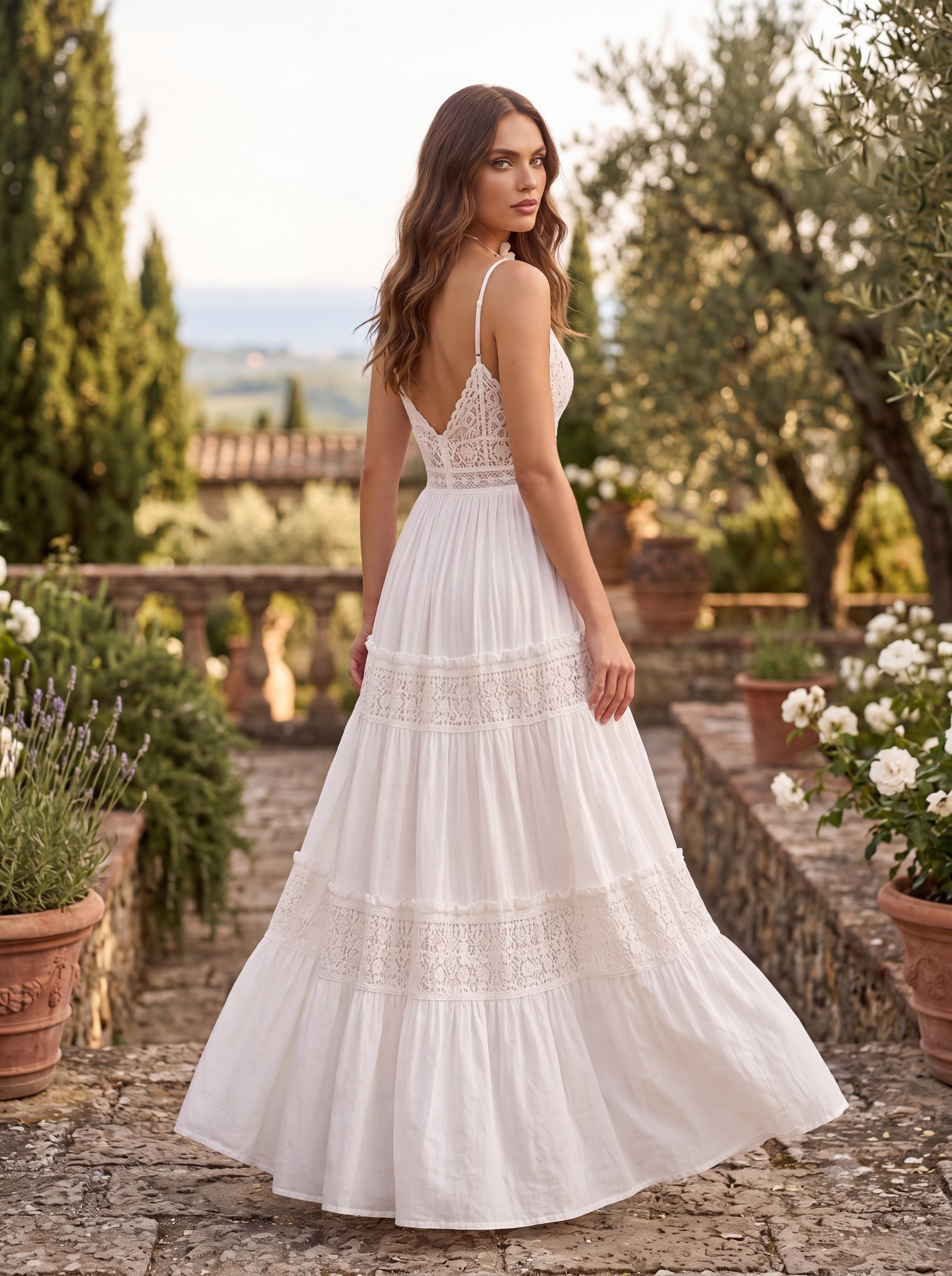 White Lace Tiered Maxi Dress