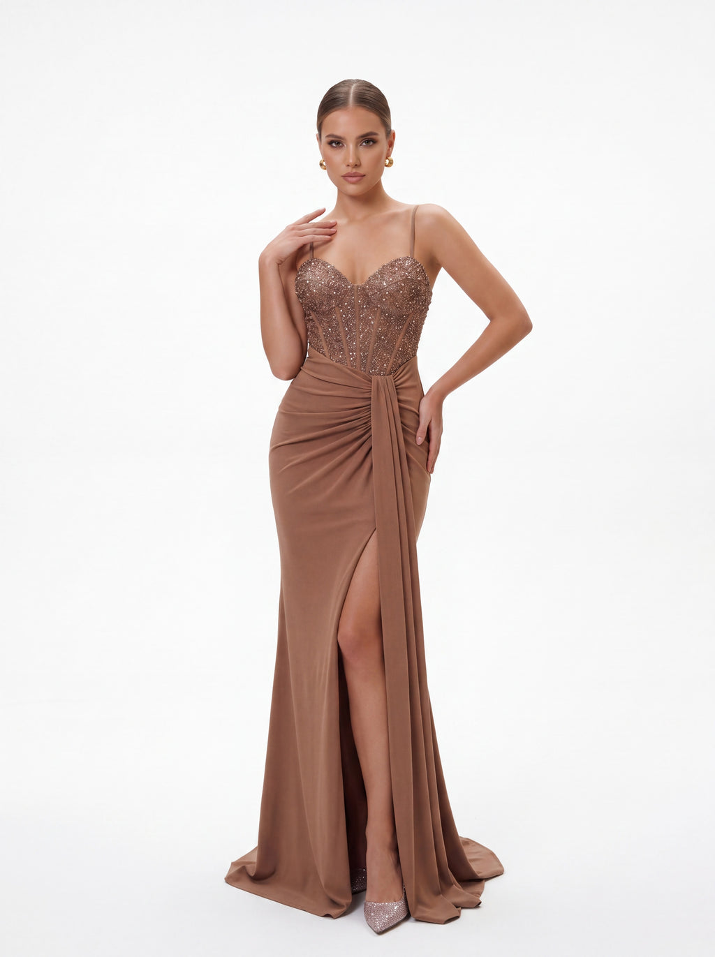 Champagne Embellished Corset Evening Gown
