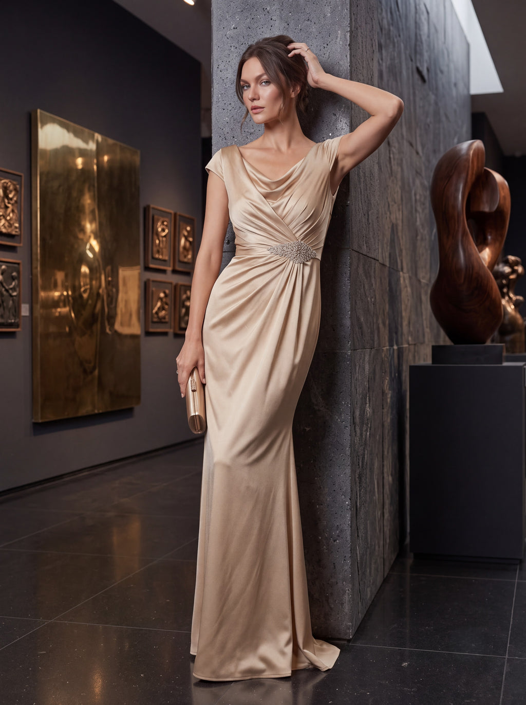 Champagne Satin Draped Evening Gown