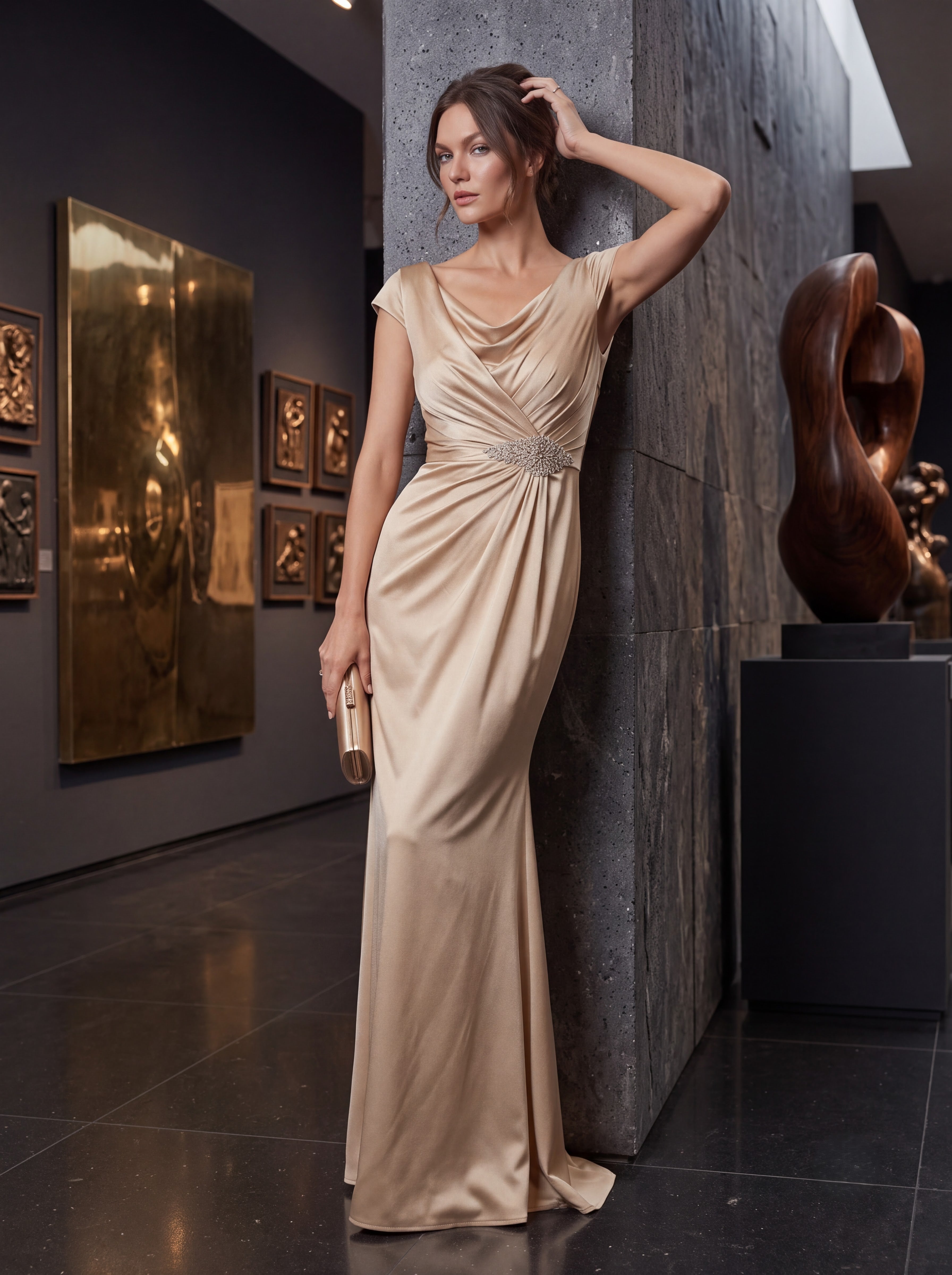 Champagne Satin Draped Evening Gown