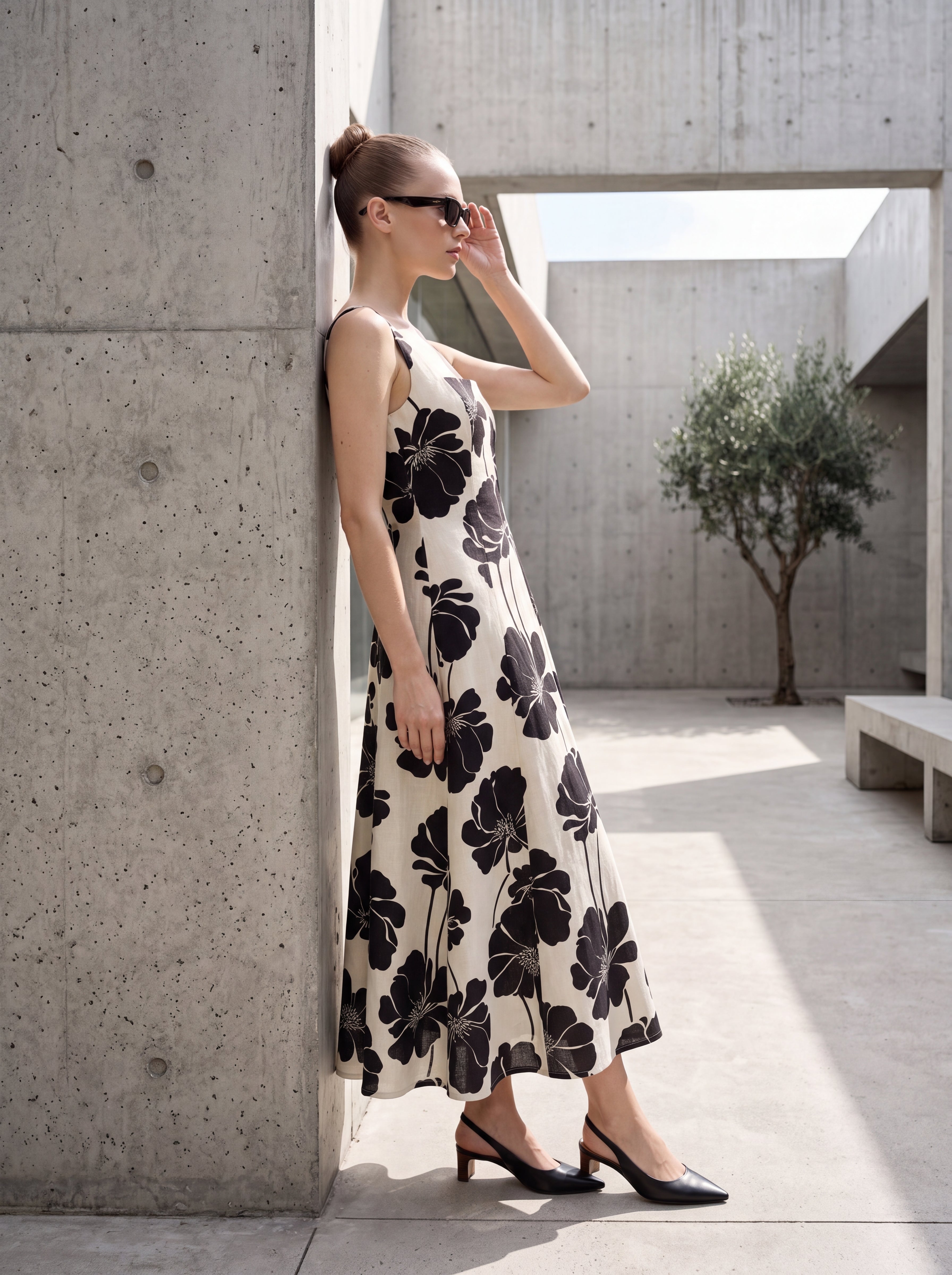 Women's Floral A-Line Midi Dress – Ivory & Black