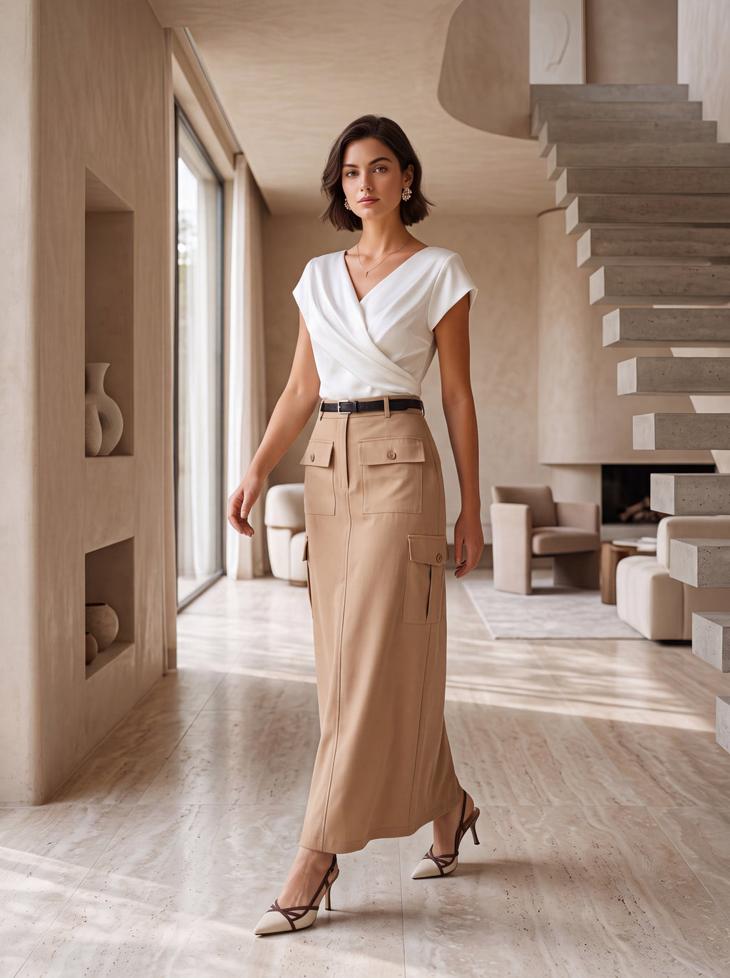Women's Beige Utility Midi Skirt | Premium European High-Waisted Cargo Skirt