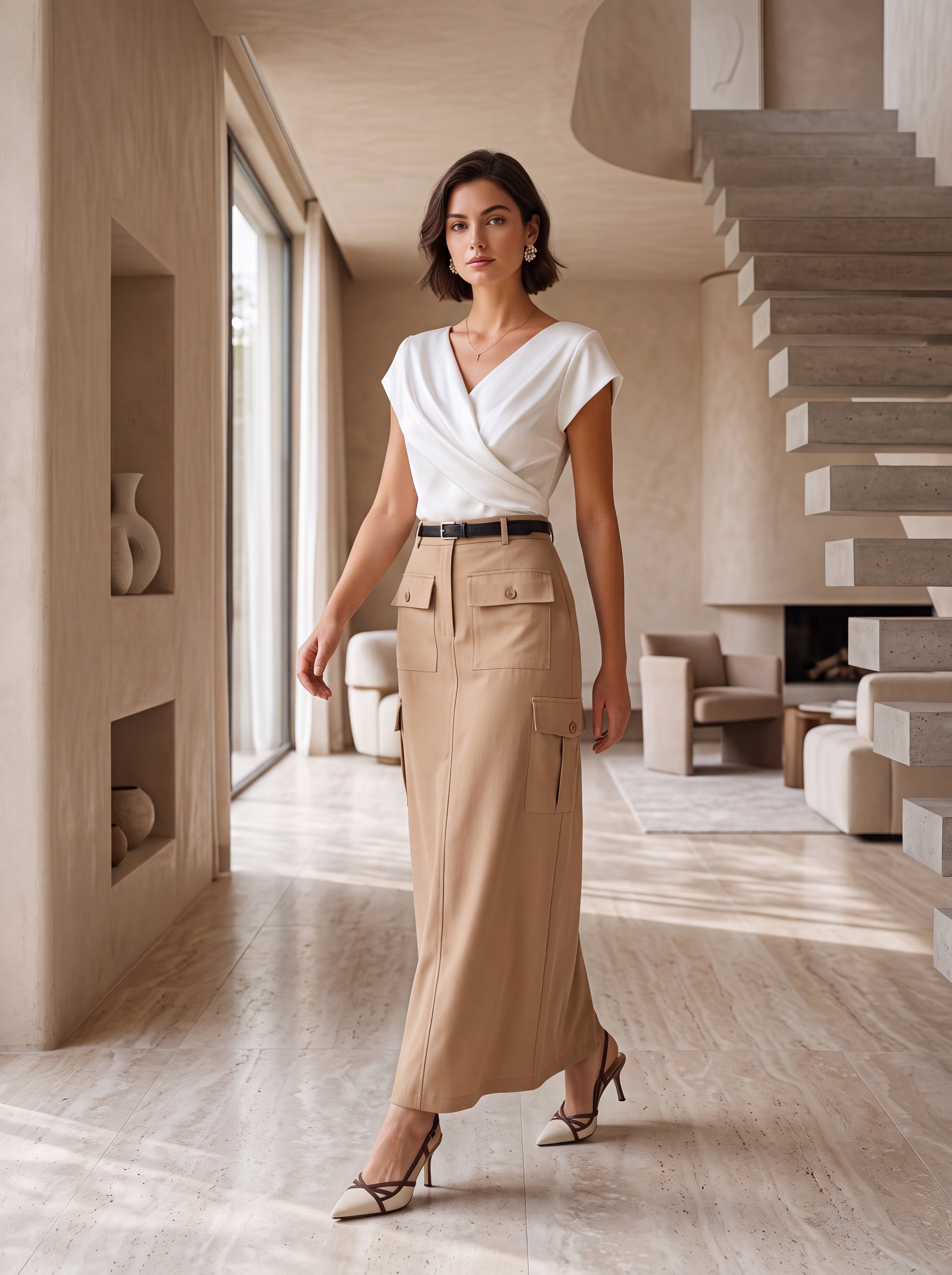 Women's Beige Utility Midi Skirt | Premium European High-Waisted Cargo Skirt