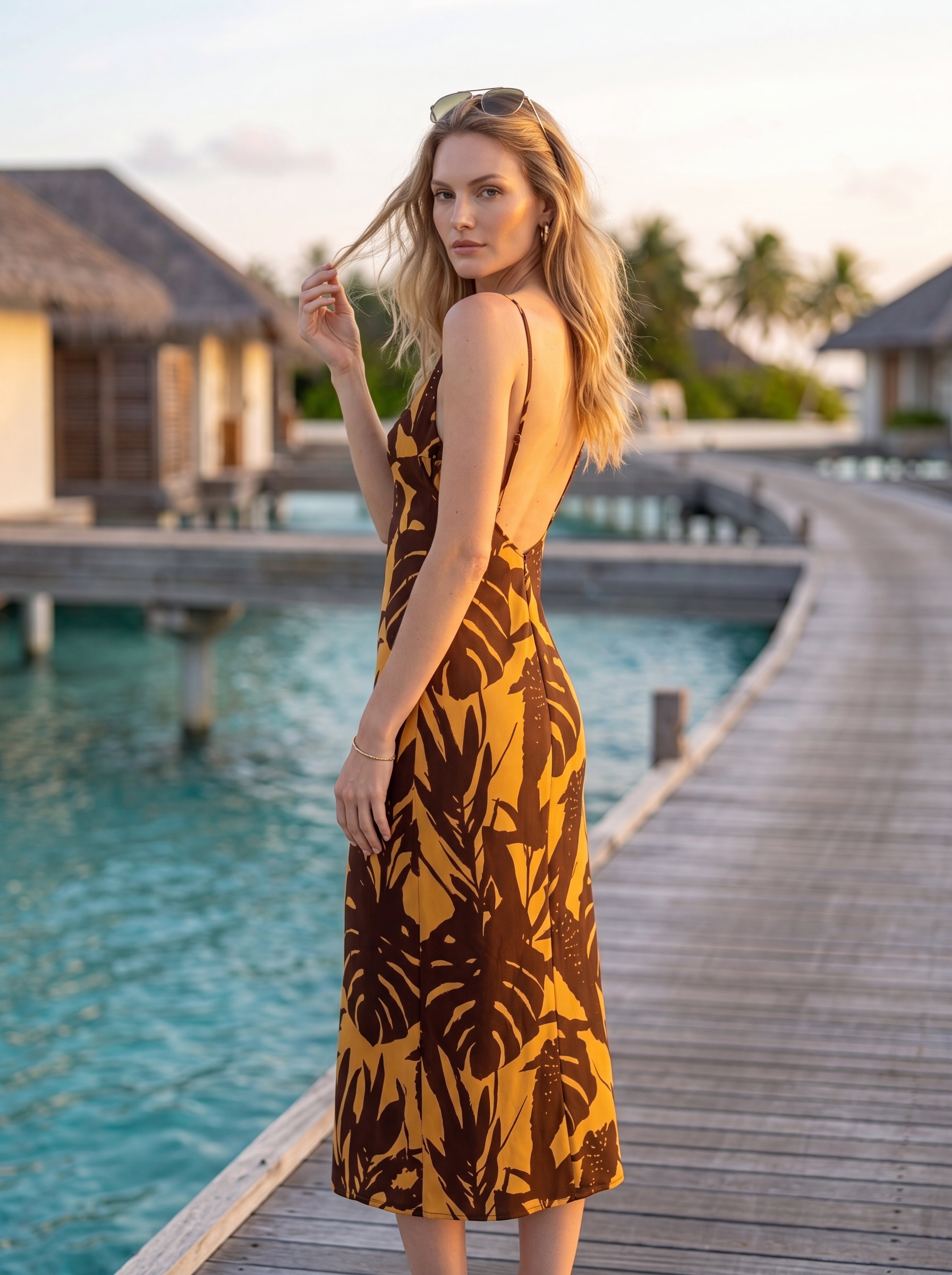 Women's Tropical Print Midi Dress | Premium European Cowl Neck Slip Dress