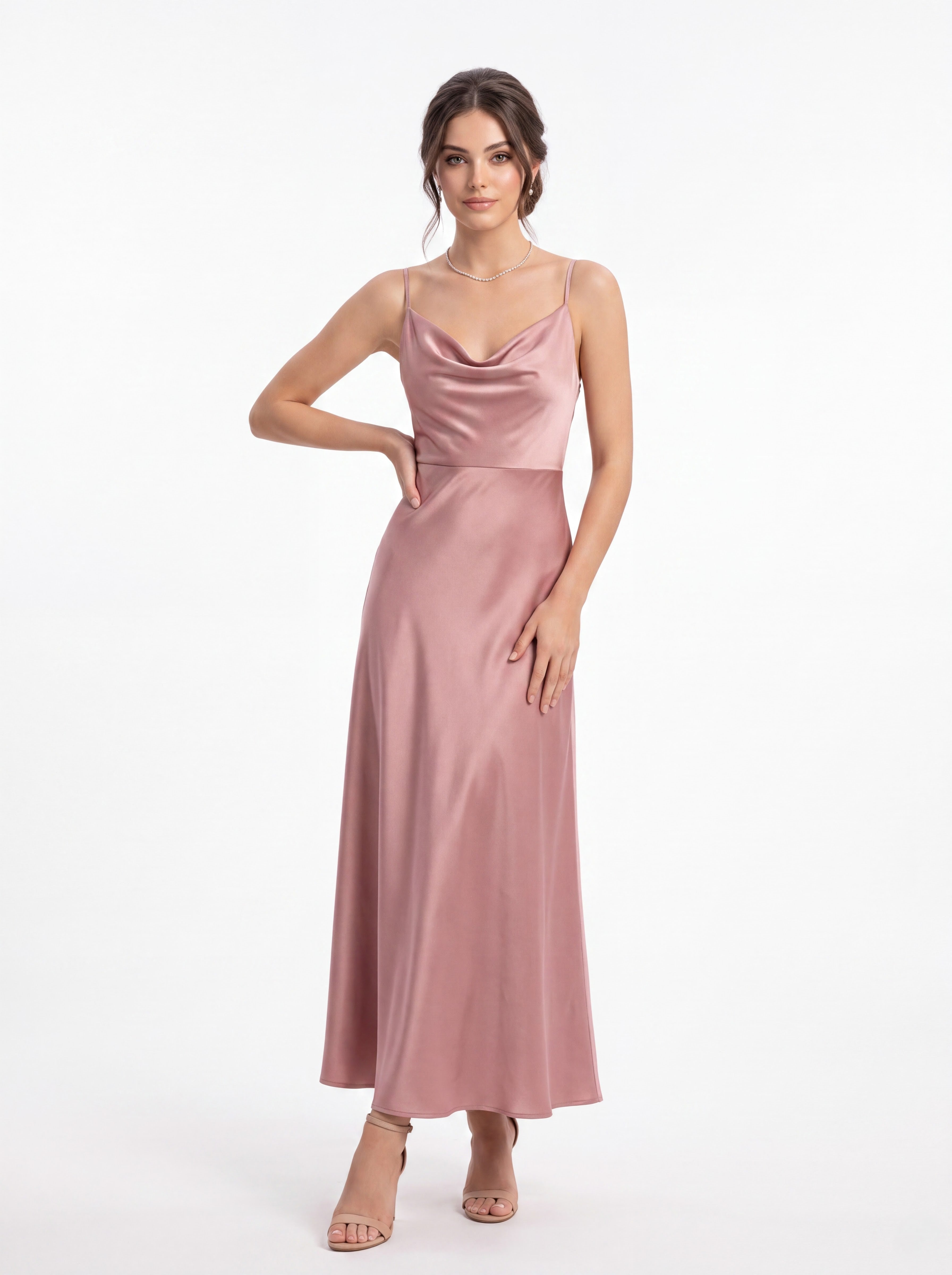 Dusty Rose Satin Slip Midi Dres